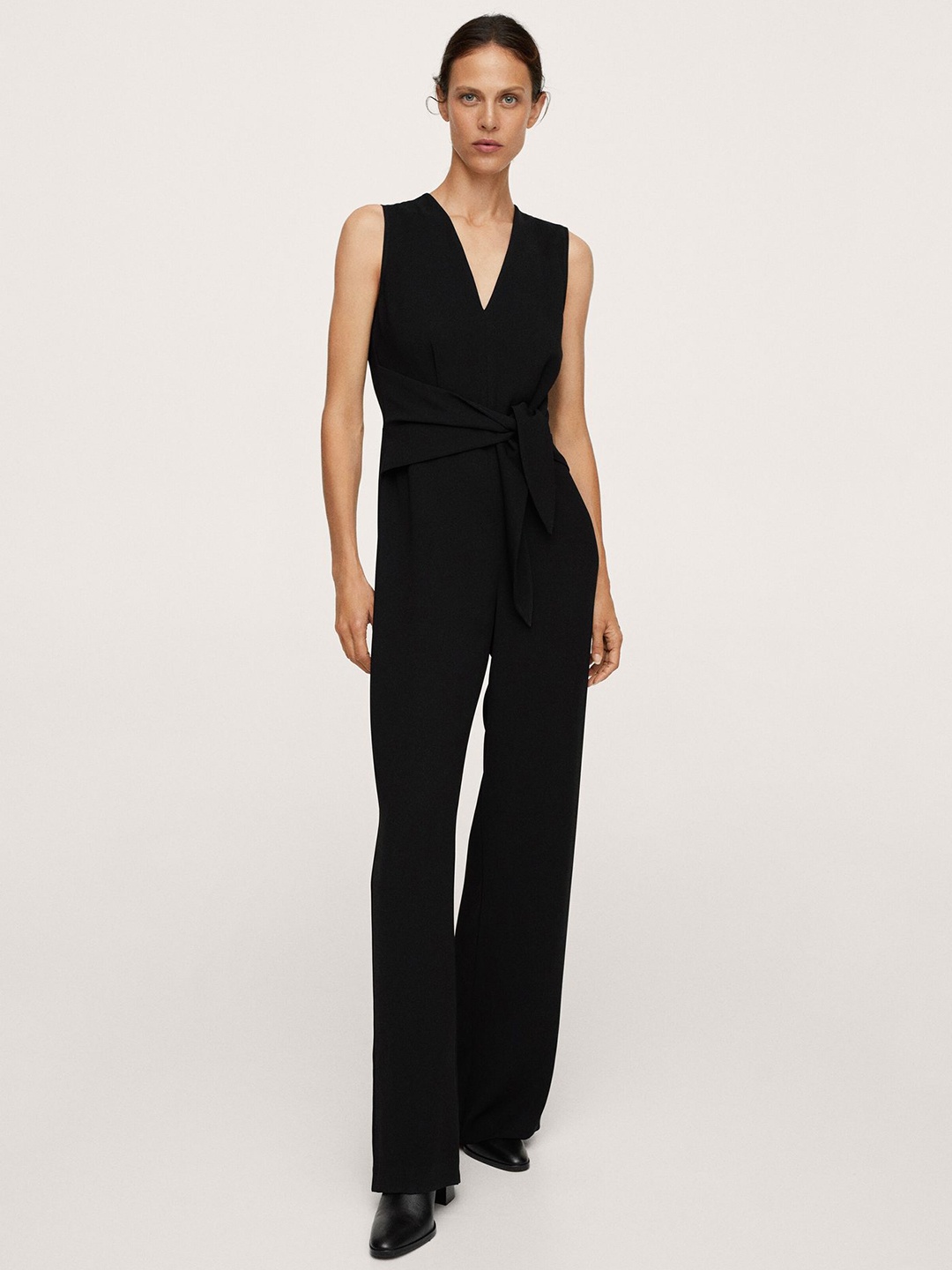 

MANGO Black Solid Basic Jumpsuit with Waist Tie-up