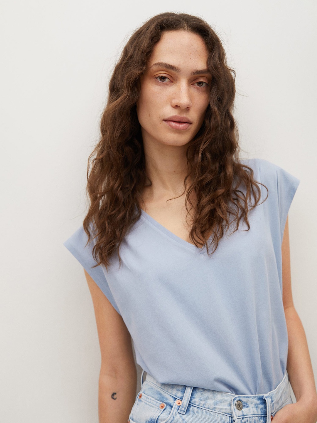 

MANGO Women Blue Cotton V-Neck Extended Sleeves T-shirt