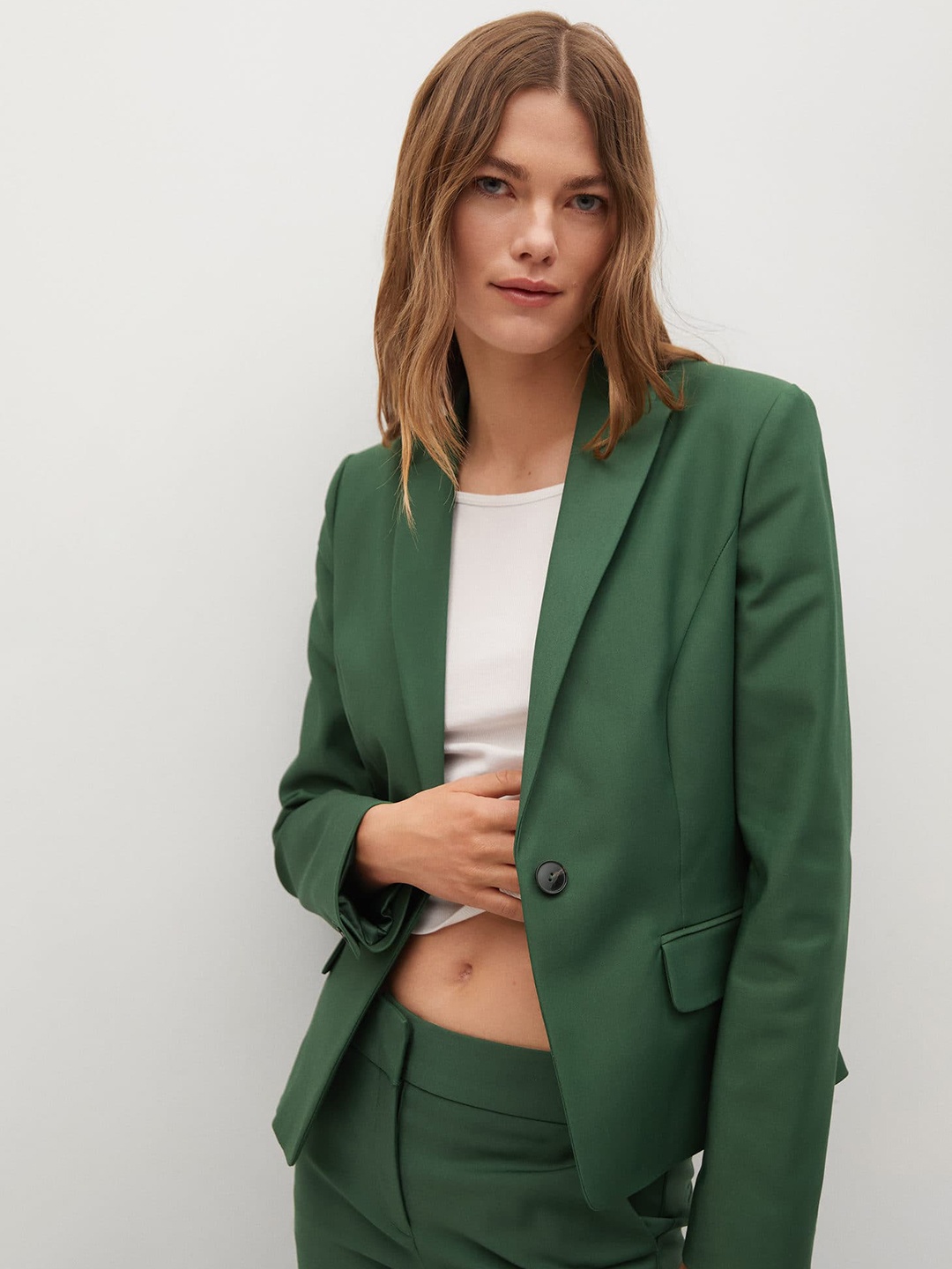 

MANGO Women Green Solid Single-Breasted Blazer