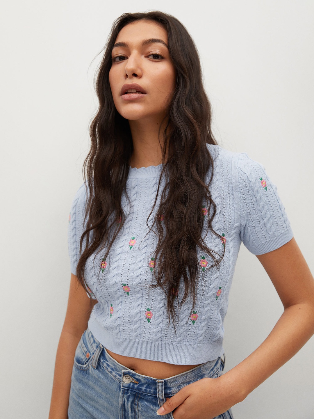 

MANGO Women Blue & Pink Cable Knit Crop Pullover with Embroidered Detail