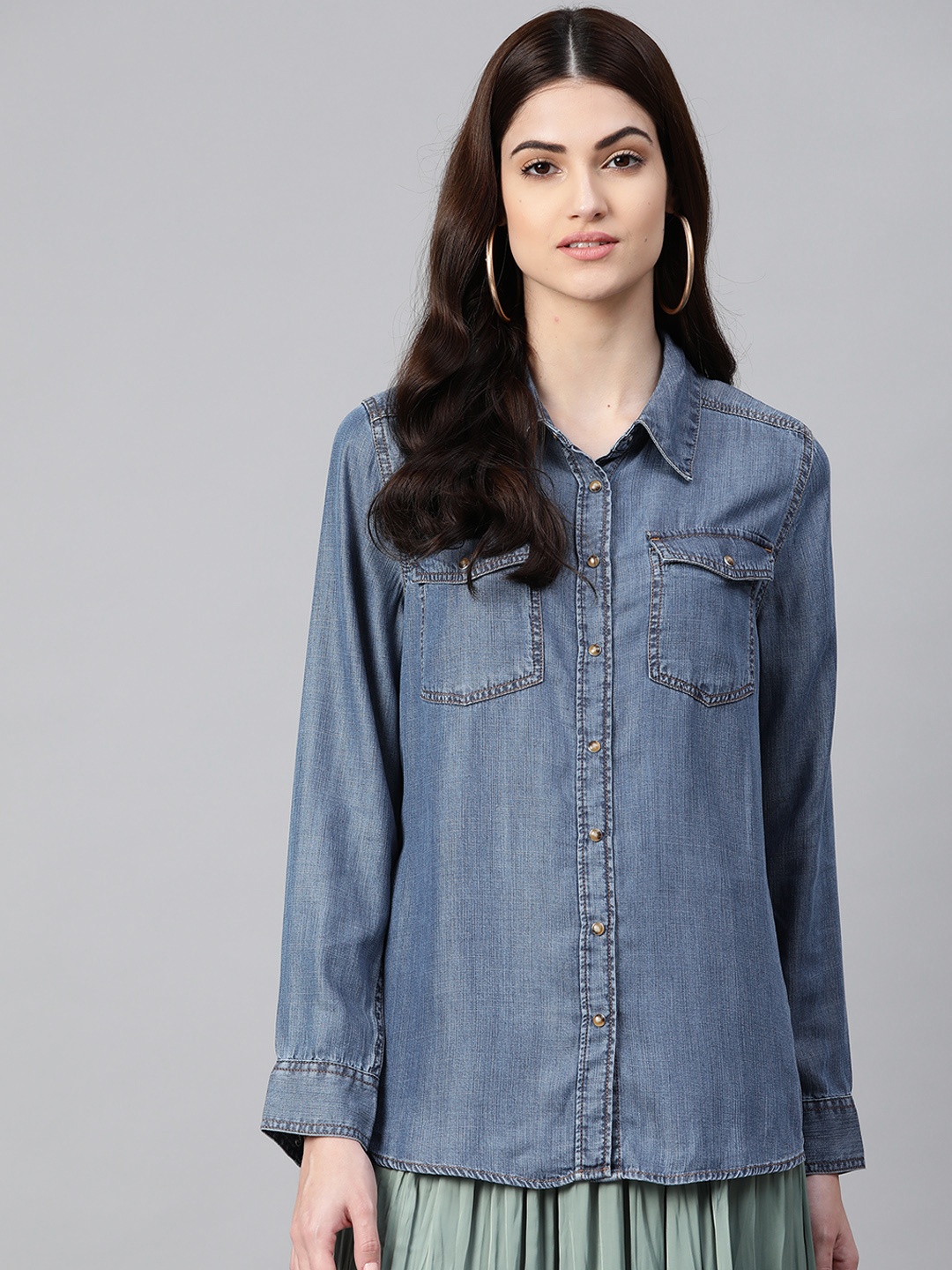 

Marks & Spencer Women Blue Chambray Casual Shirt