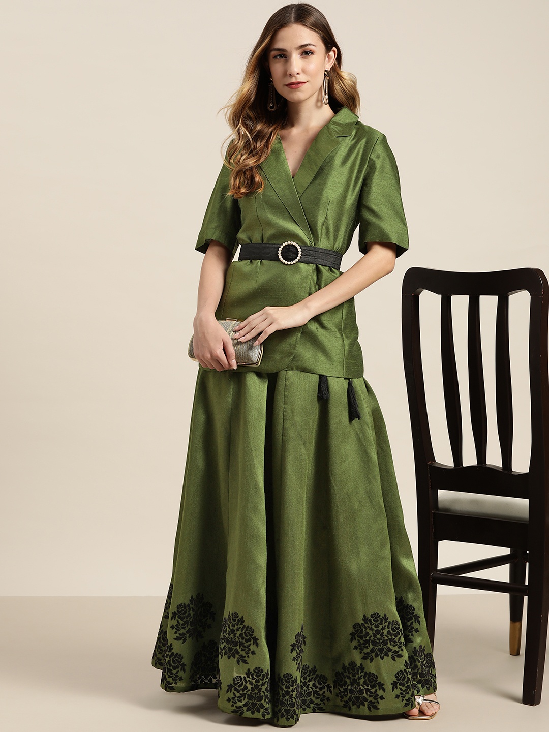 

Shae by SASSAFRAS Women Green Short Sleeve Fabric-Belt Blazer