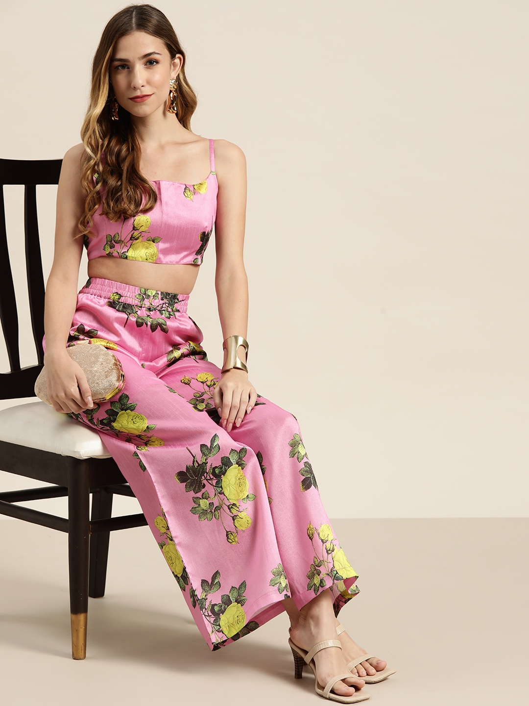 

Shae by SASSAFRAS Women Pink & Yellow Floral Printed Palazzos