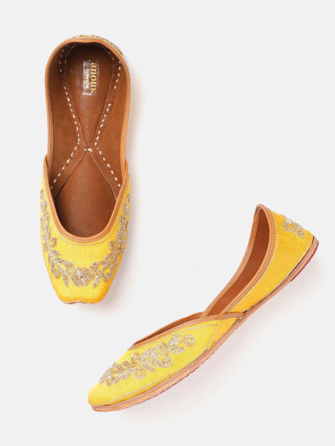 

Anouk Women Yellow & Gold-Toned Embellished Handcrafted Mojaris