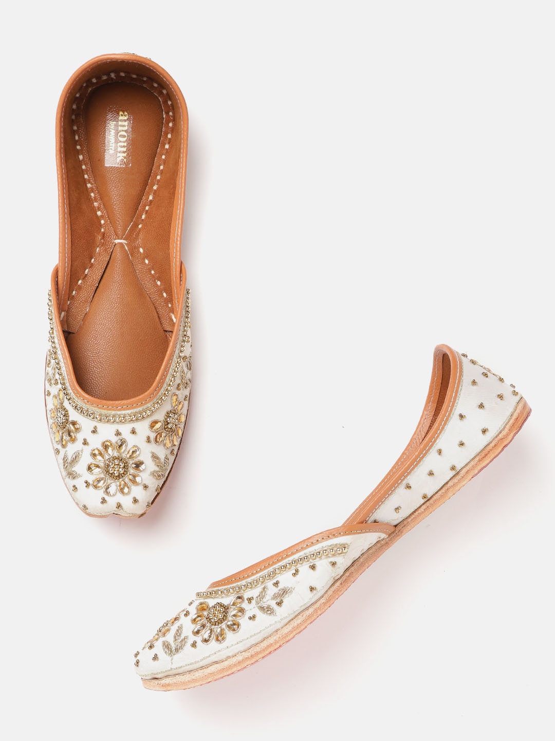 

Anouk Women White & Gold-Toned Embellished Leather Ethnic Handcrafted Mojaris