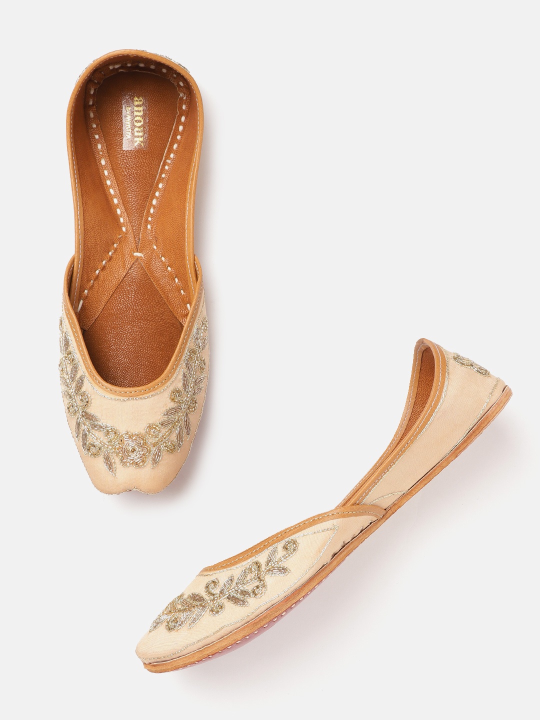 

Anouk Women Beige & Gold-Toned Embellished Leather Ethnic Handcrafted Mojaris