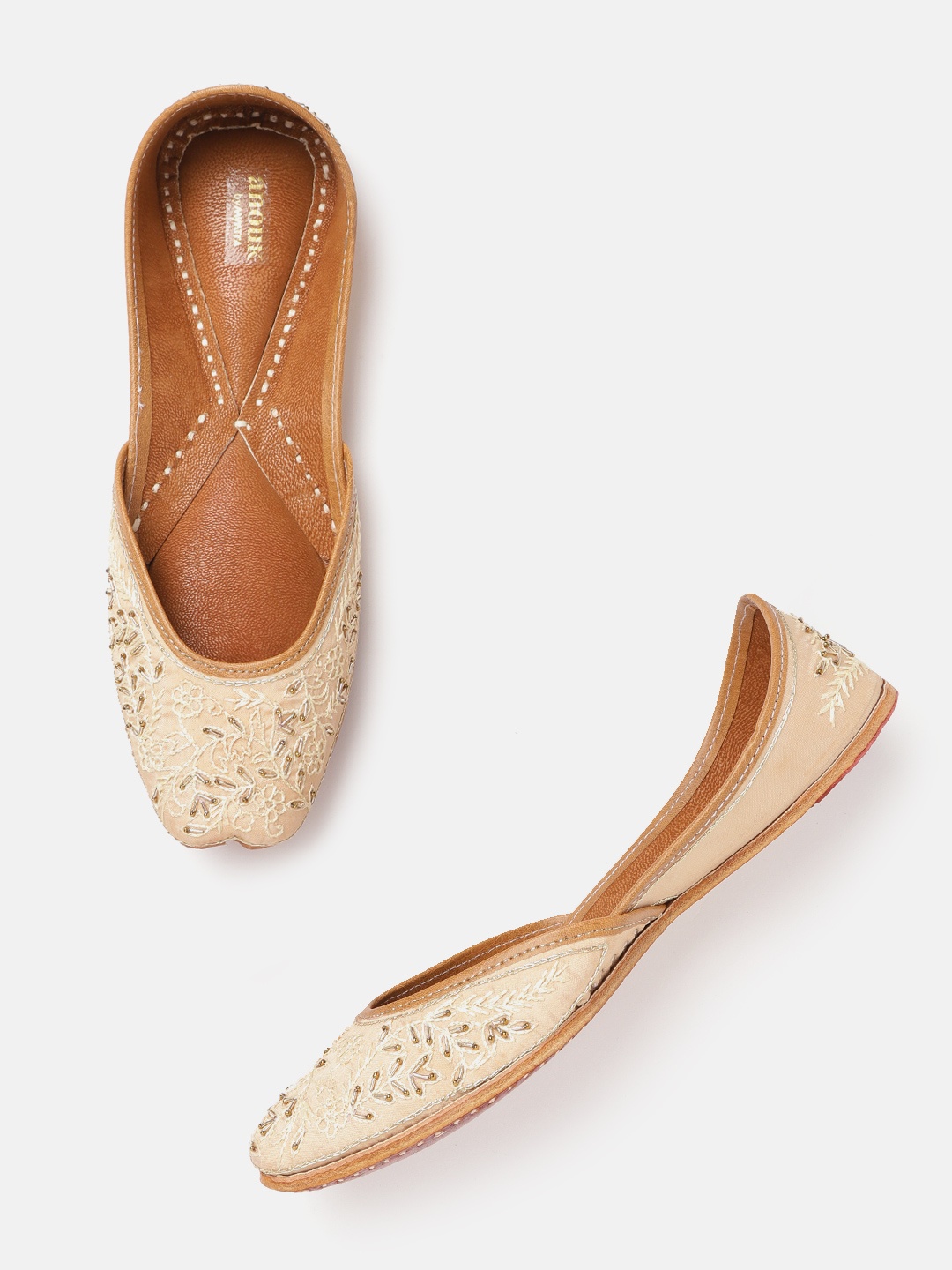

Anouk Women Beige & Gold-Toned Embroidered Leather Ethnic Handcrafted Mojaris