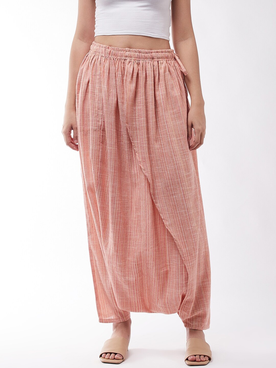 

InWeave Peach-Coloured Solid Pure-Cotton Harem Pants