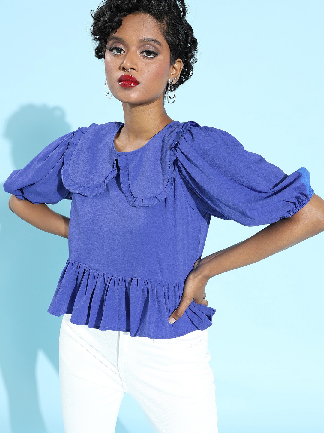 

Sera Blue Crepe Keyboard Collar Peplum Top