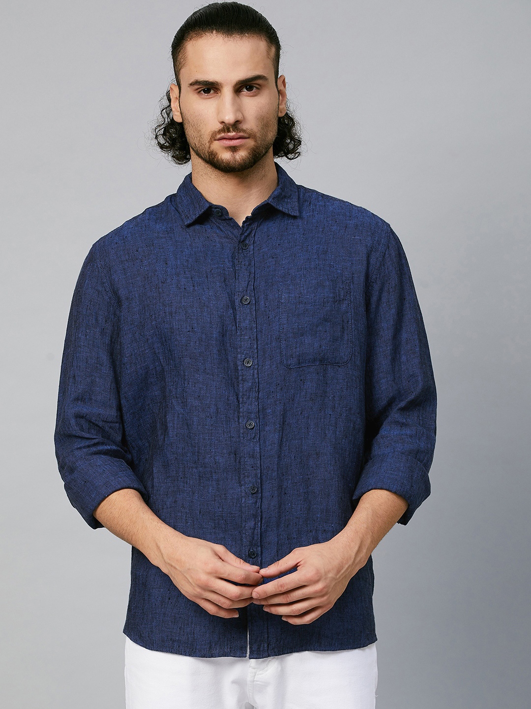 

Marks & Spencer Men Navy Blue Opaque Printed Pure Linen Casual Shirt