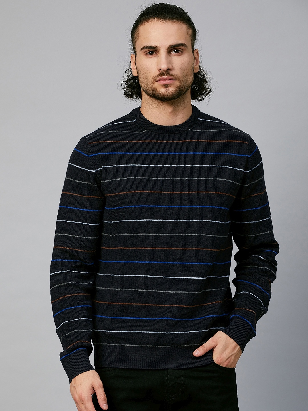 

Marks & Spencer Men Navy Blue Striped Pullover