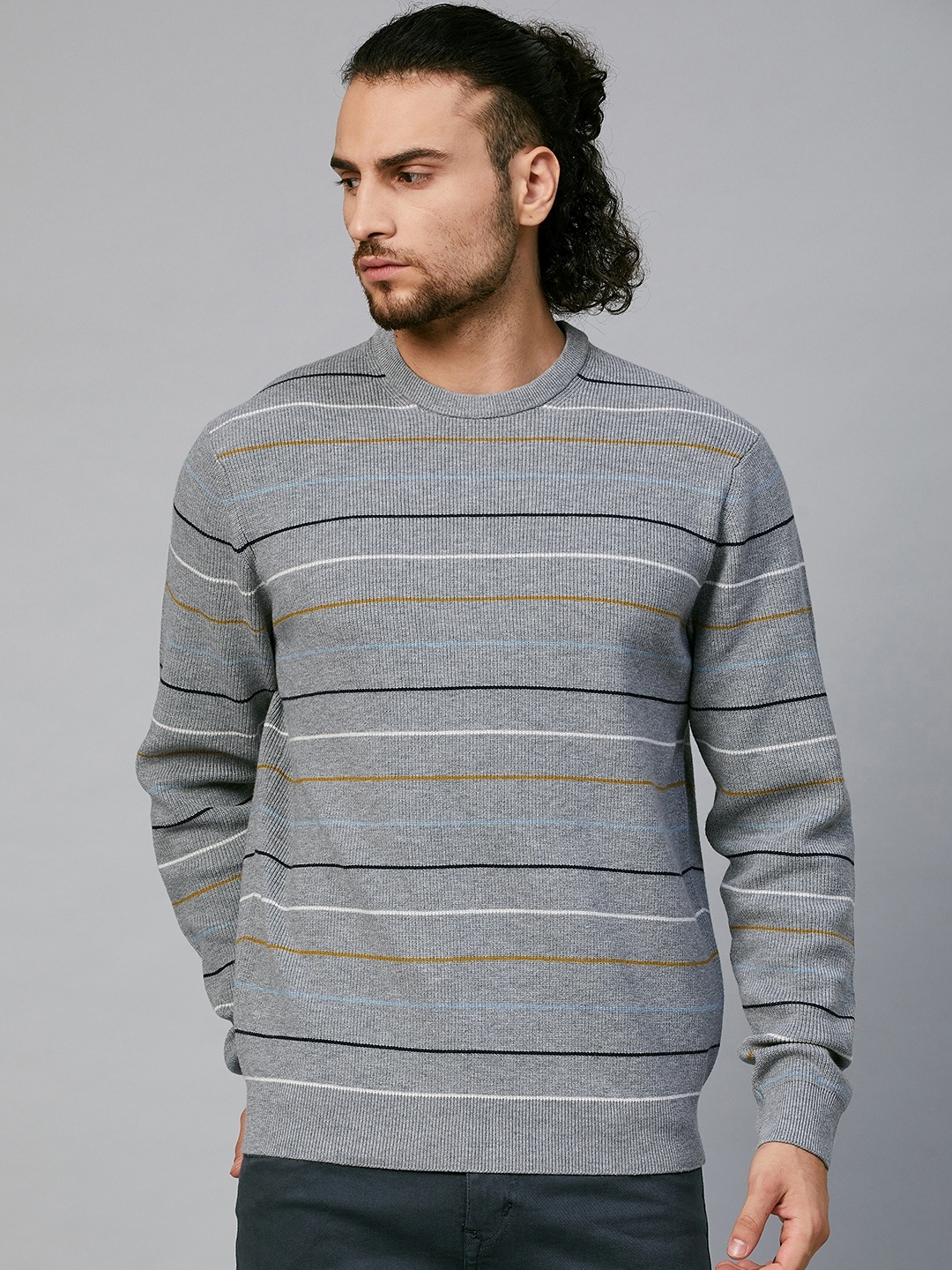 

Marks & Spencer Men Grey & White Striped Pullover