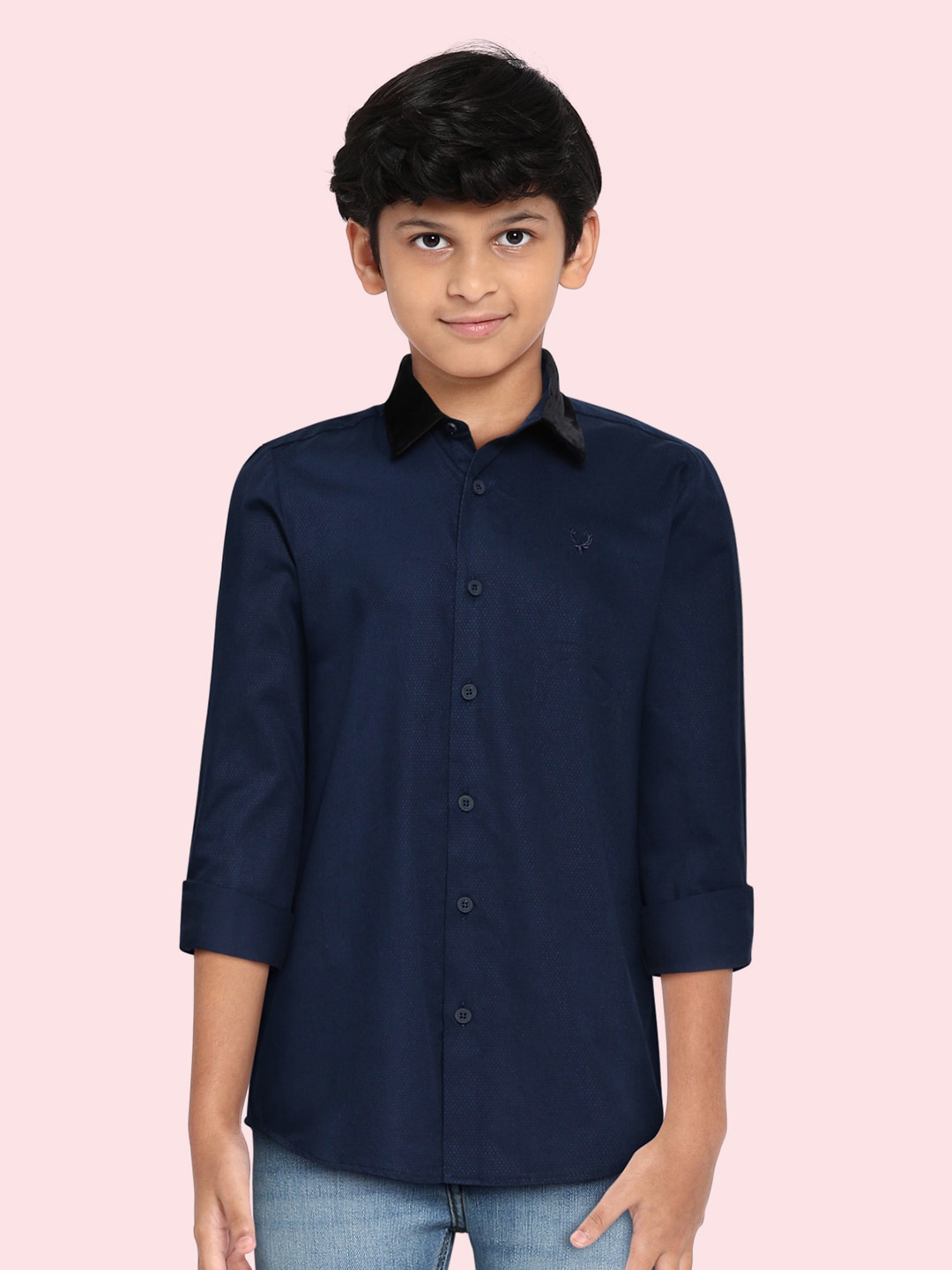 

Allen Solly Junior Boys Navy Blue Slim Fit Micro Ditsy Printed Opaque Casual Cotton Shirt