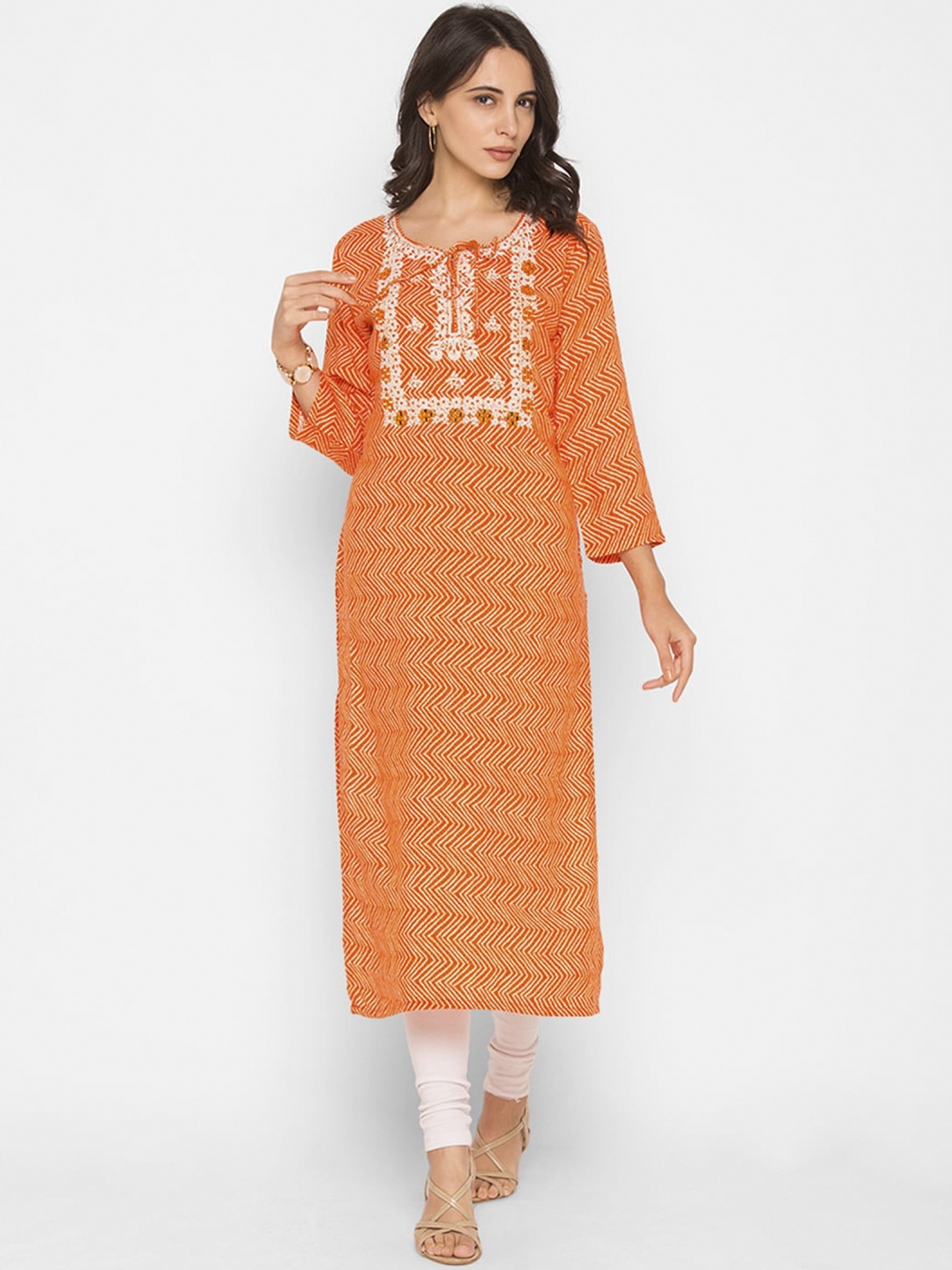 

ZOLA Women Orange Geometric Striped Kurta