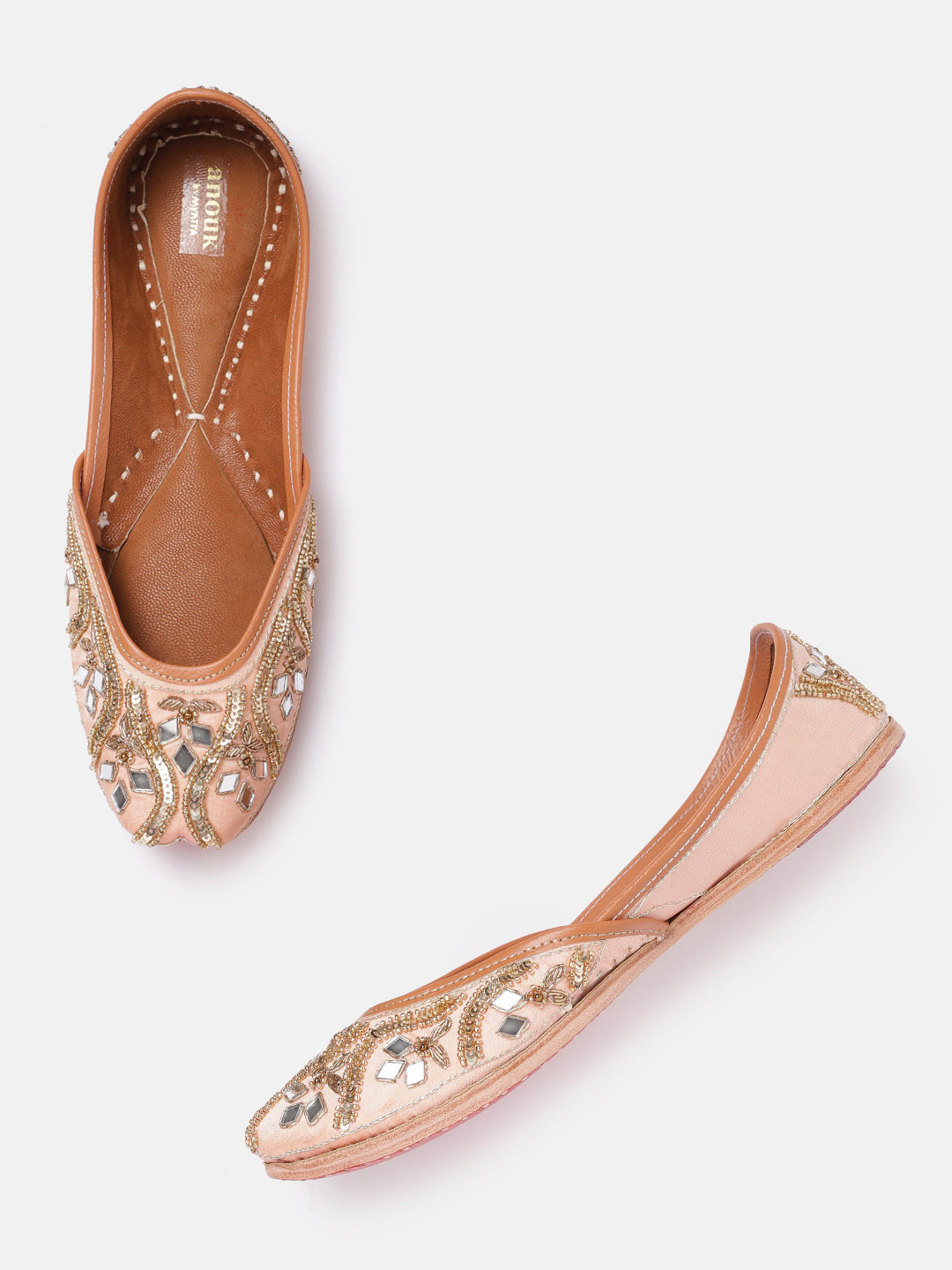 

Anouk Women Pink & Gold-Toned Handcrafted Mirror Work Mojaris