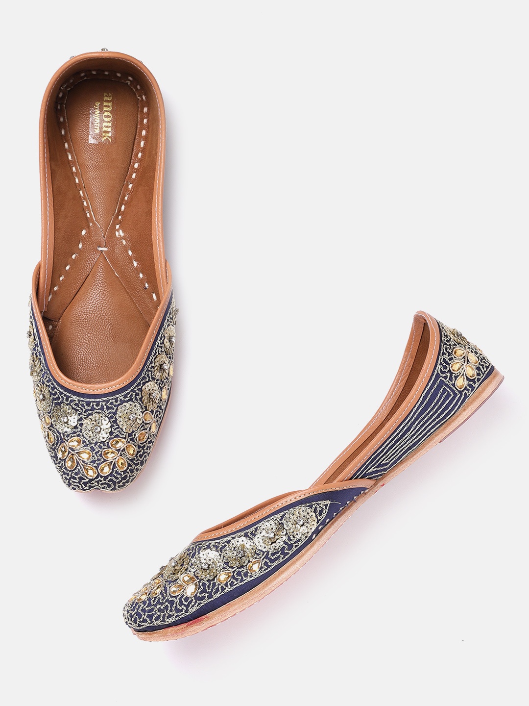 

Anouk Women Navy Blue & Gold-Toned Handcrafted Embellished Mojaris