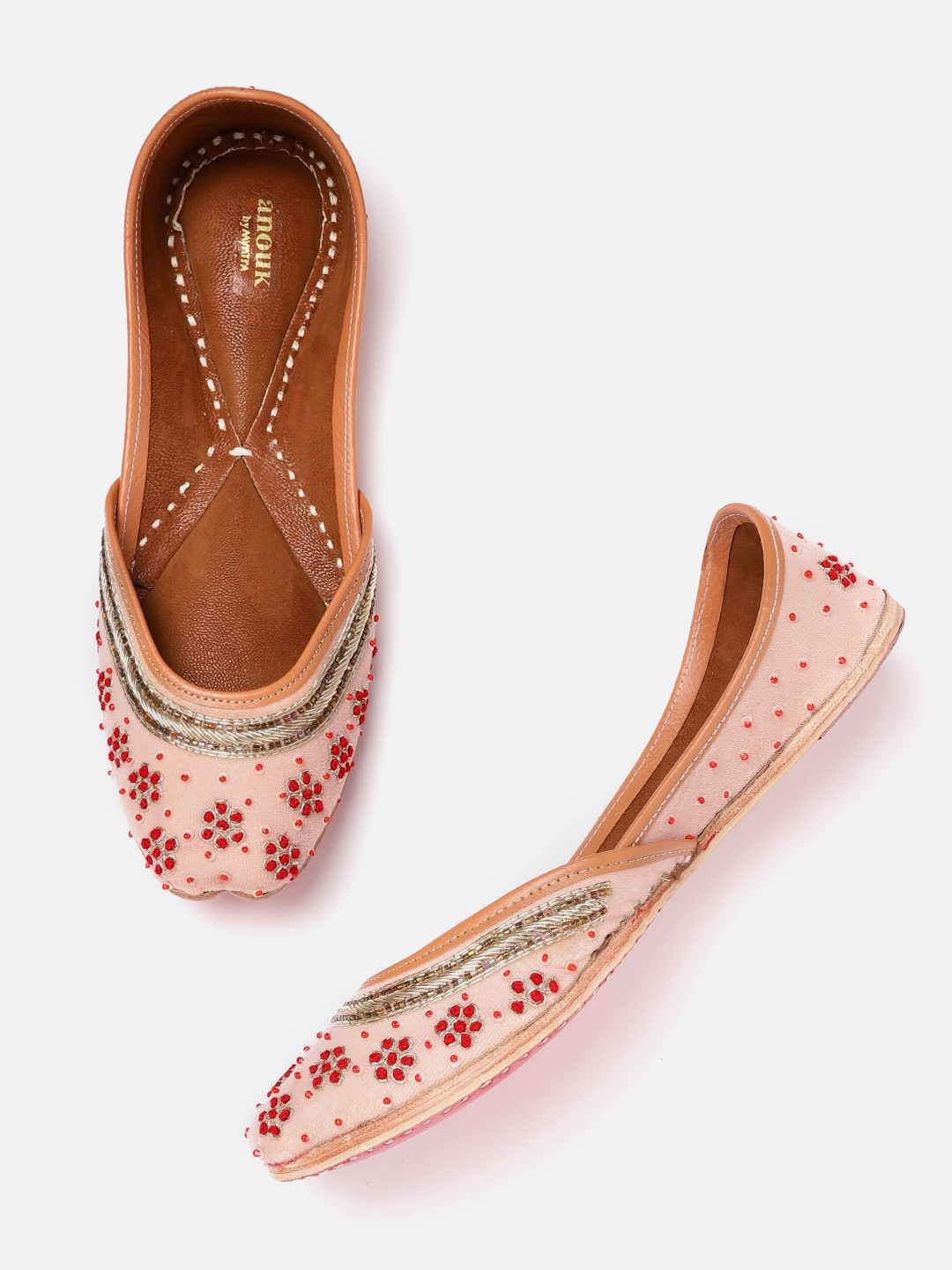 

Anouk Women Peach-Coloured & Red Beads Embellished Leather Ethnic Mojaris