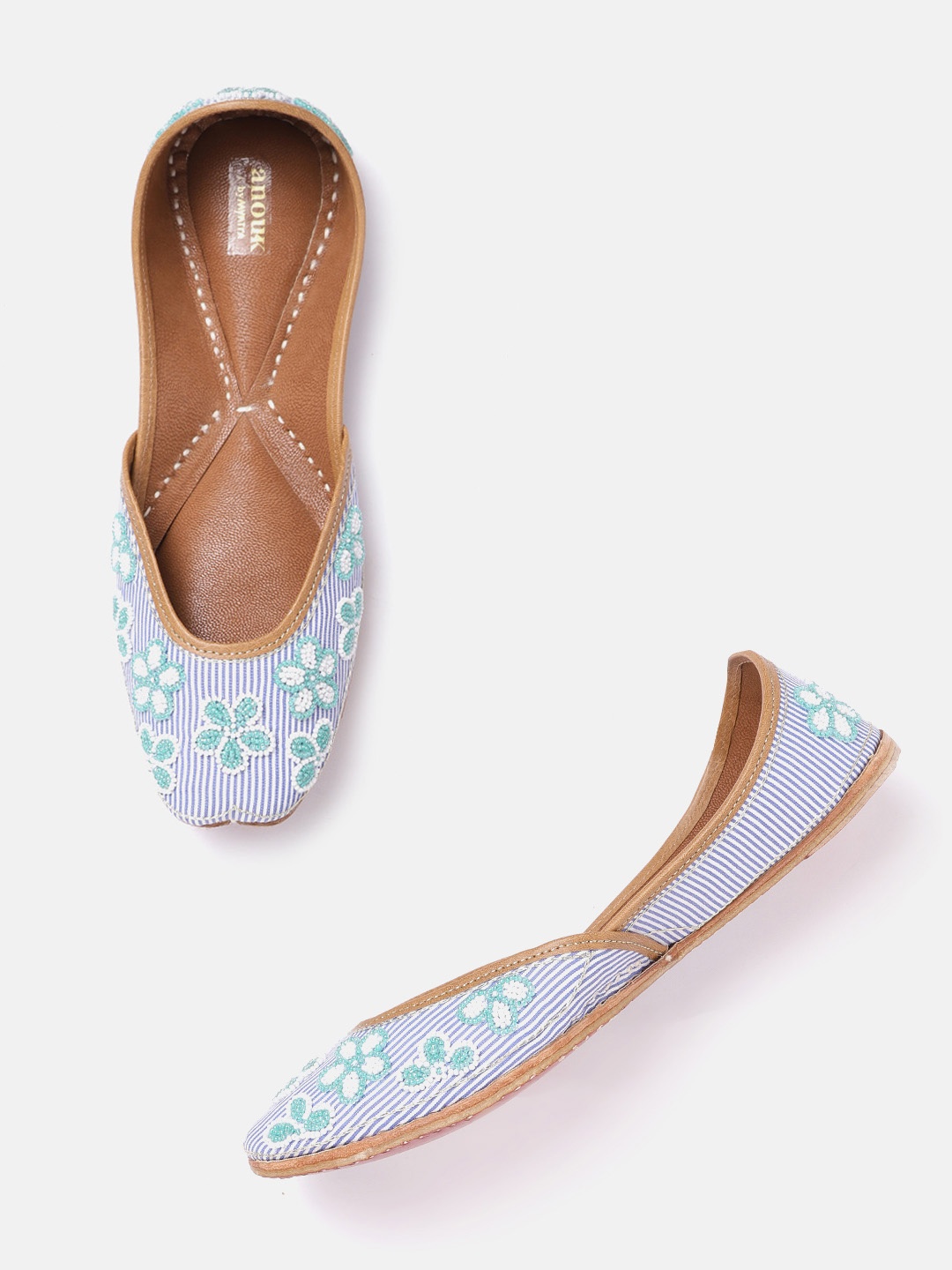 

Anouk Women Blue & White Striped Leather Ethnic Mojaris with Beaded Detail