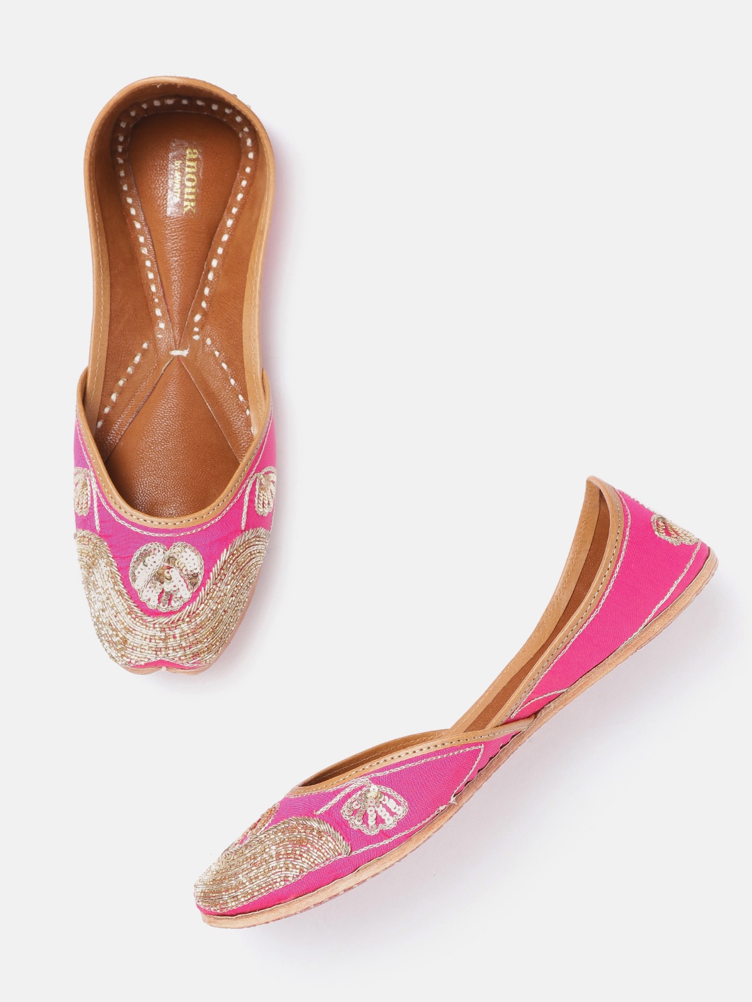 

Anouk Women Pink & Gold-Toned Embellished Handcrafted Leather Mojaris