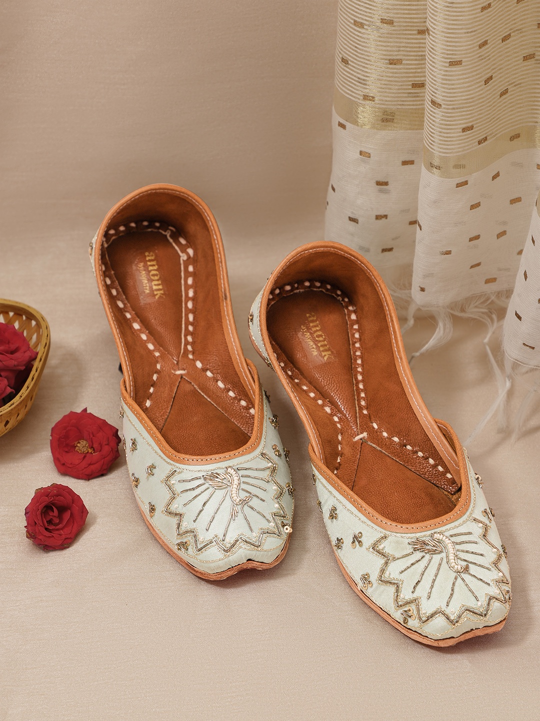 

Anouk Women Sea Green Embellished Leather Ethnic Mojaris Flats