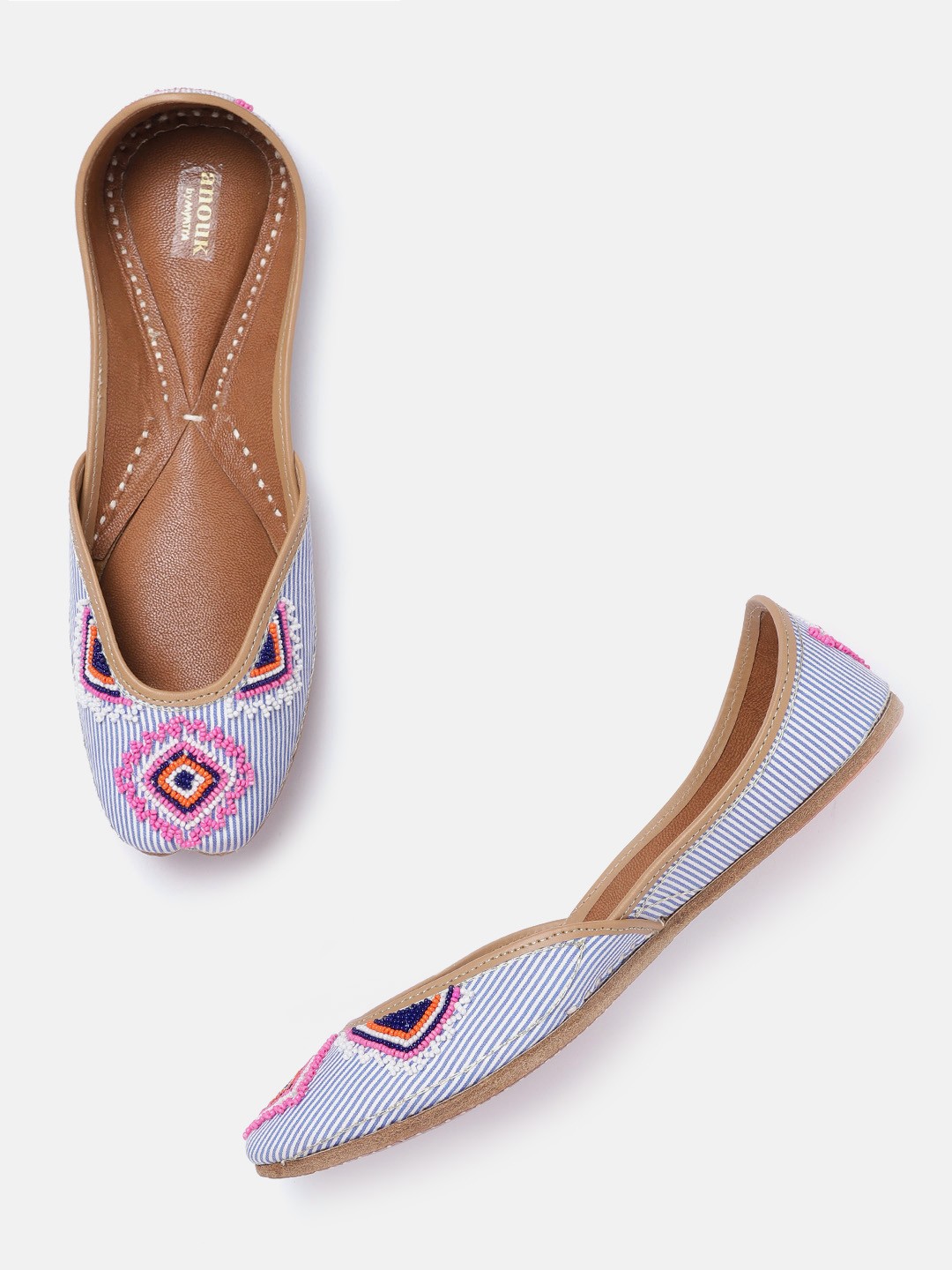 

Anouk Women Navy Blue & White Striped & Embellished Handcrafted Mojaris