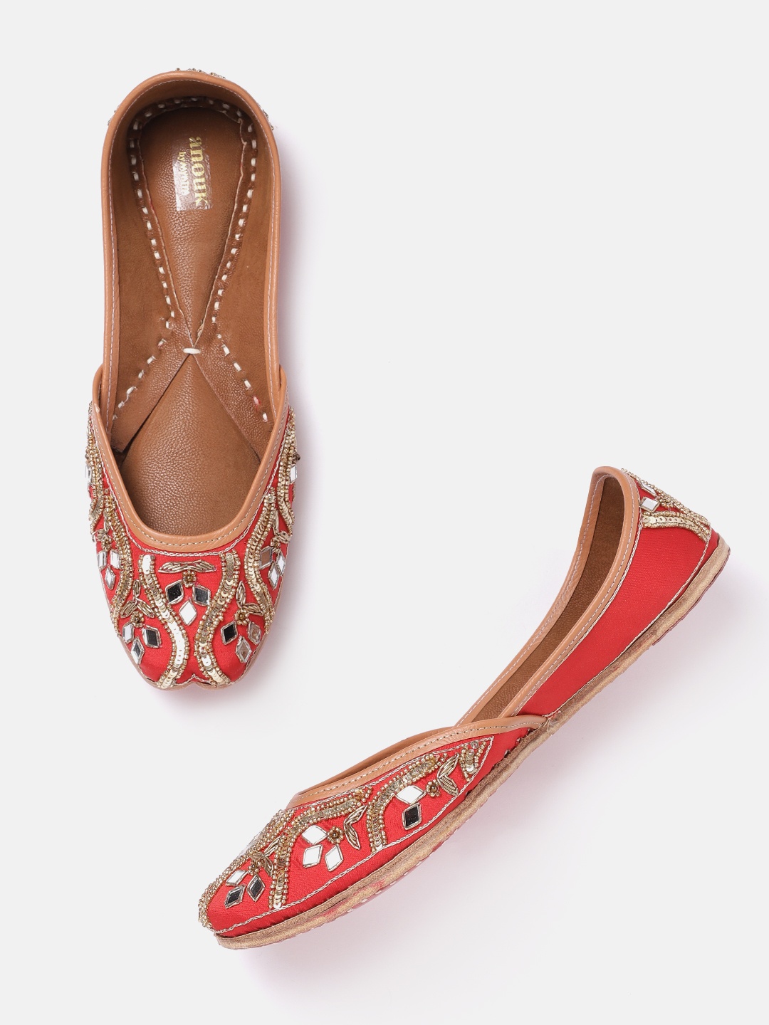

Anouk Women Red & Gold-Toned Embellished Leather Ethnic Mojaris