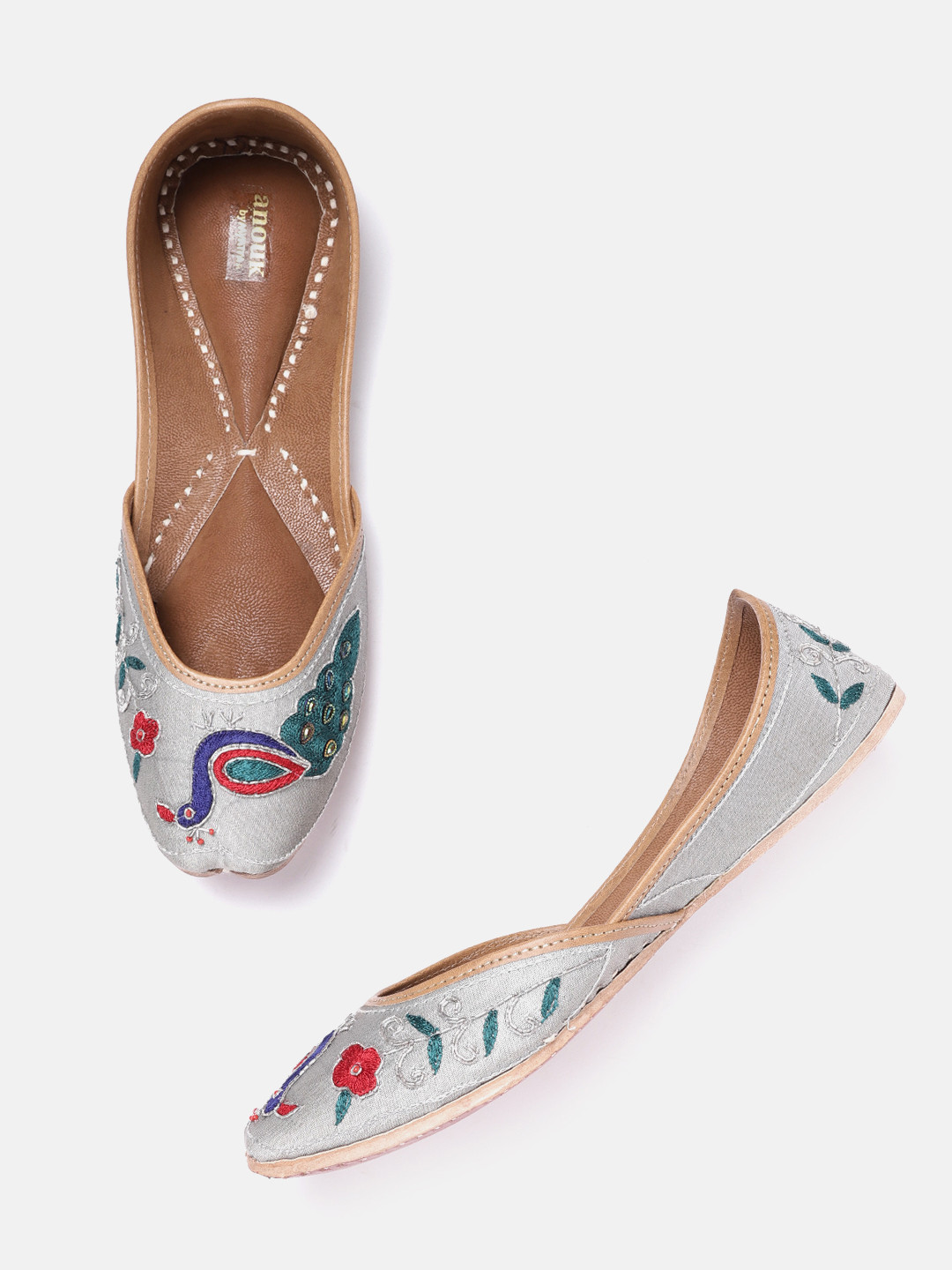 

Anouk Women Grey & Green Ethnic Peacock Embellished Leather Mojaris