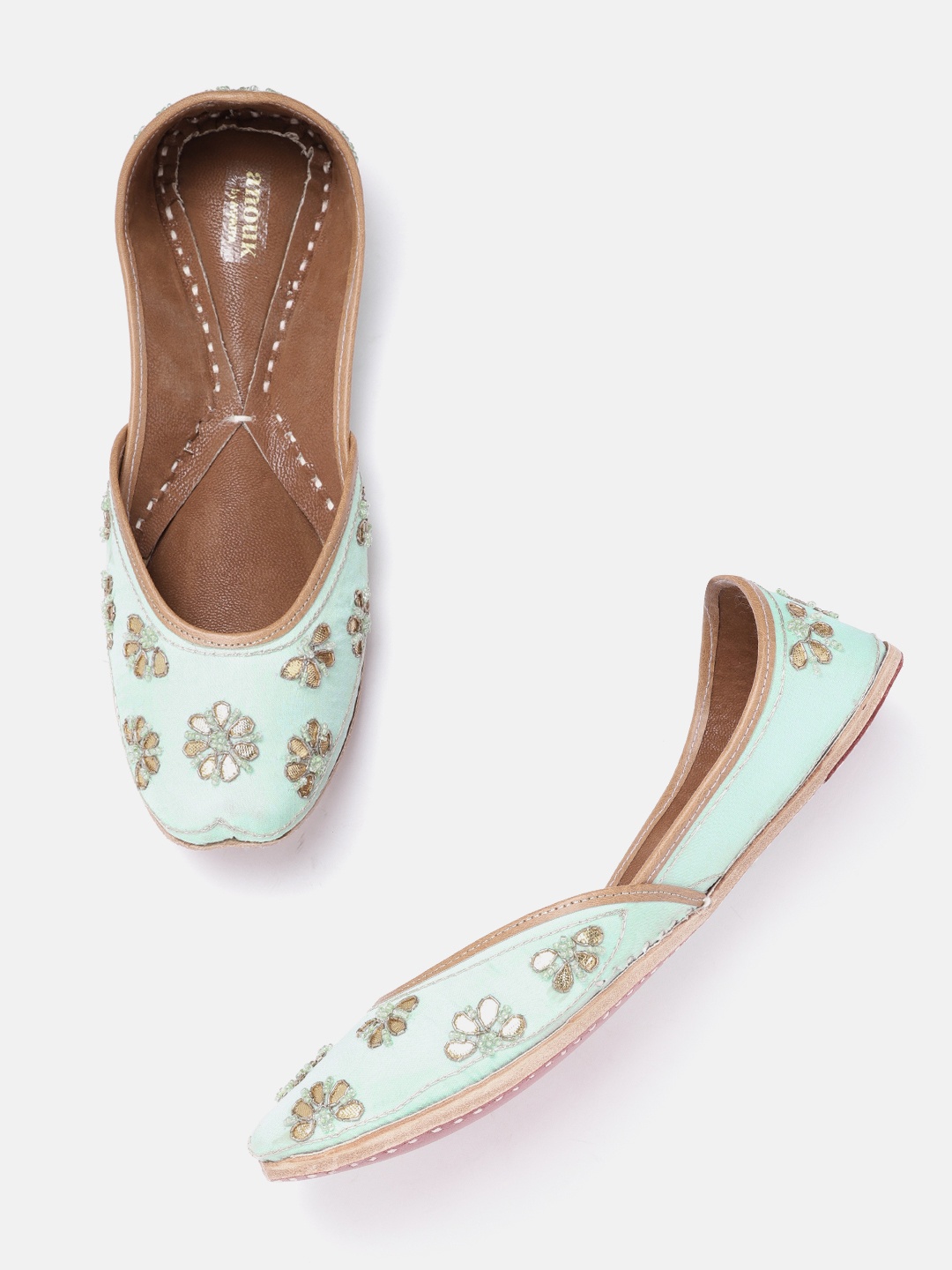 

Anouk Women Sea Green & Gold Floral Ethnic Embellished Leather Mojaris