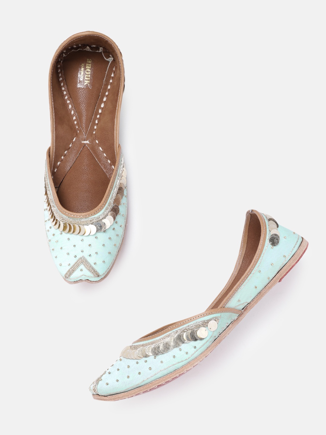 

Anouk Women Sea Green & Gold Ethnic Beads Embellished Leather Mojaris