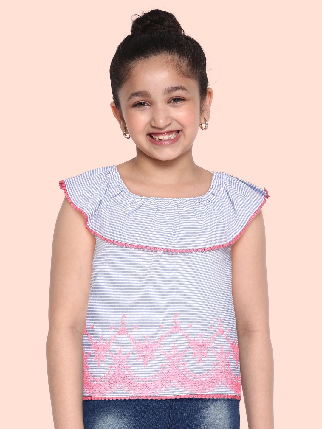 

Allen Solly Junior Girls White & Blue Striped Pure Cotton Off-Shoulder Top
