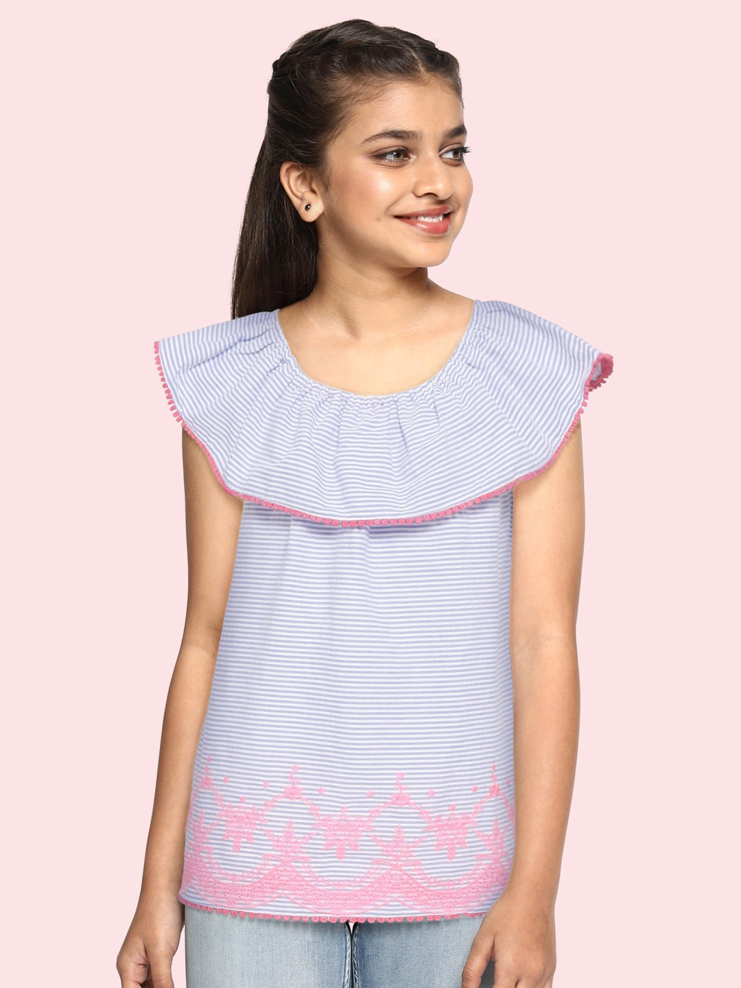 

Allen Solly Junior Girls White & Blue Striped Pure Cotton Off-Shoulder Top