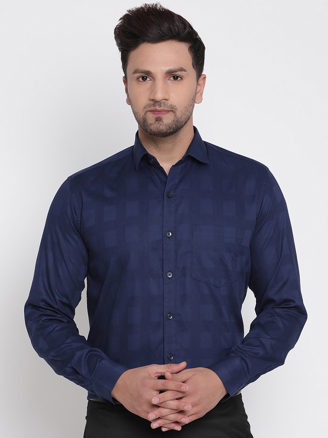 

Copperline Men Navy Blue Slim Fit Opaque Checked Pure CottonFormal Shirt