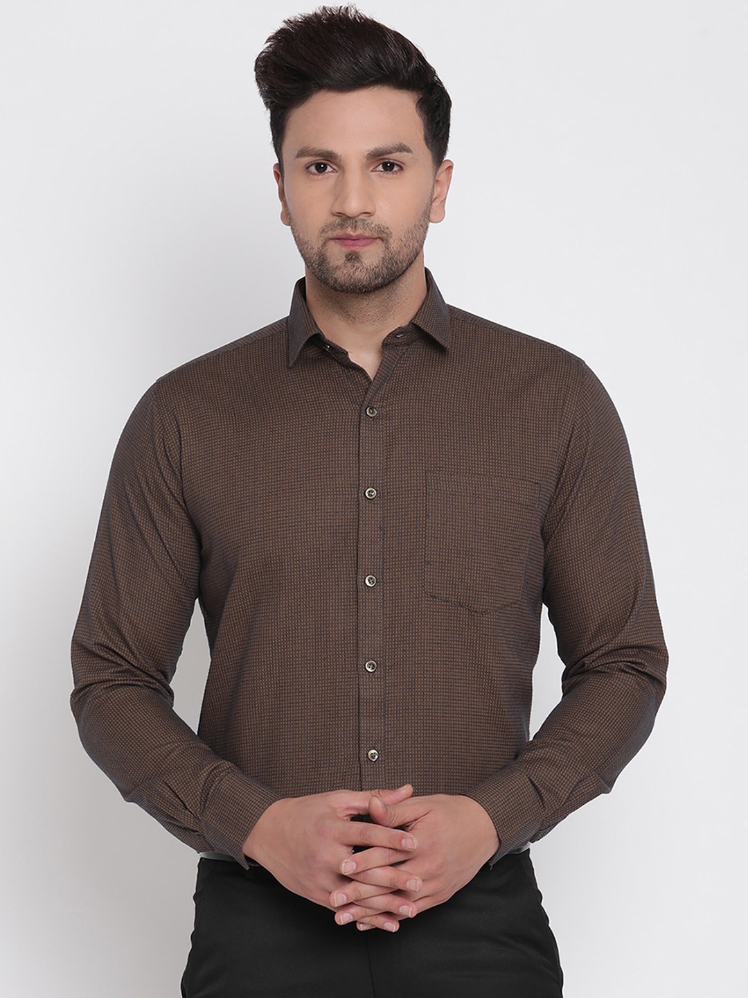 

Copperline Men Brown Slim Fit Opaque Checked Pure Cotton Formal Shirt