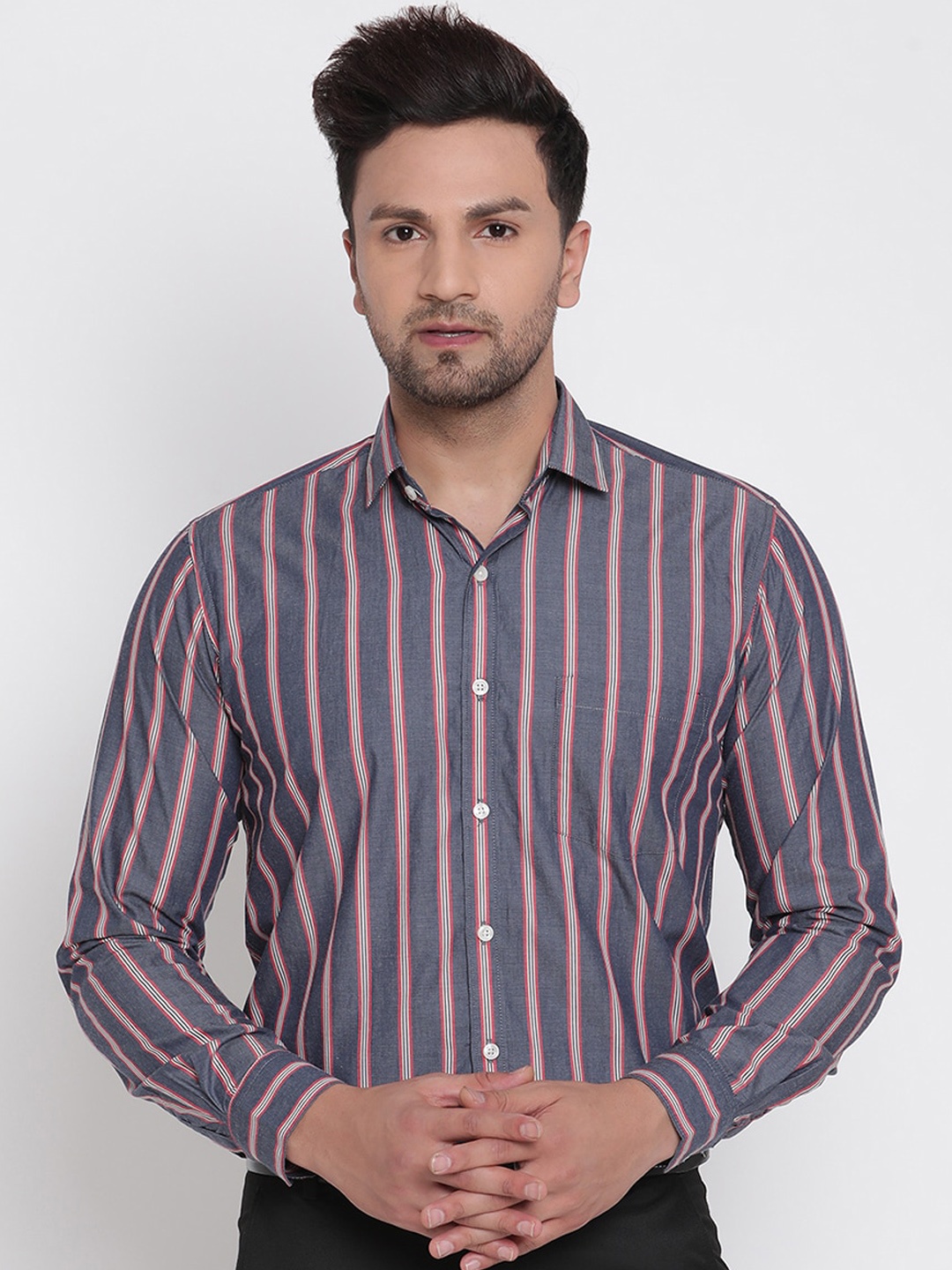 

Copperline Men Red Slim Fit Opaque Striped Pure Cotton Formal Shirt