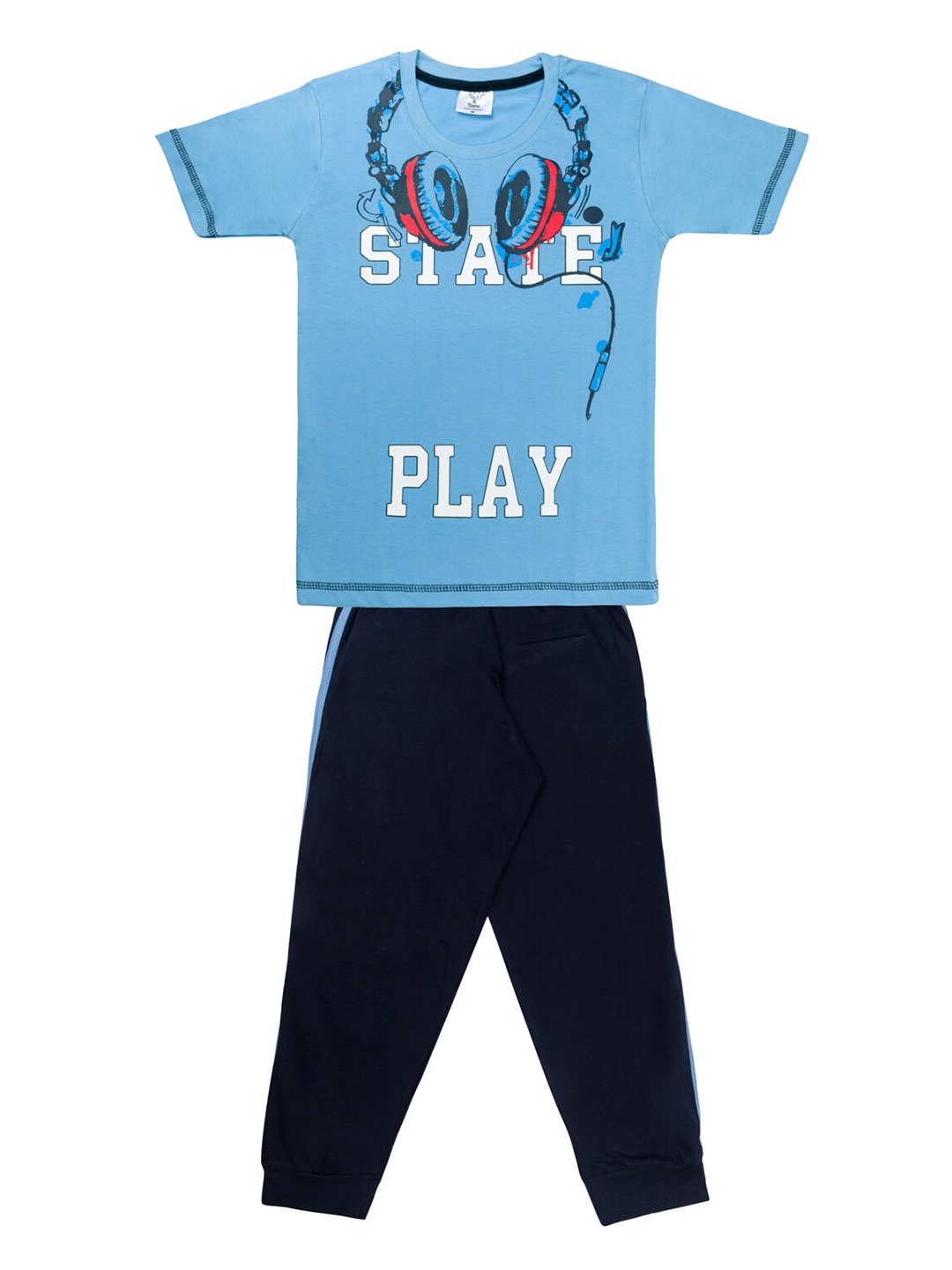 

Todd N Teen Boys Blue & Black Printed Pure Cotton T-shirt with Trousers