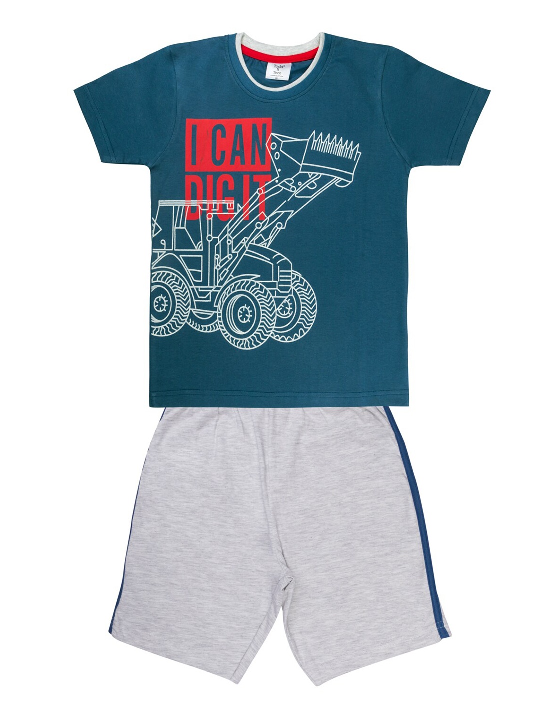 

Todd N Teen Boys Blue & Grey Printed Pure Cotton T-shirt with Shorts