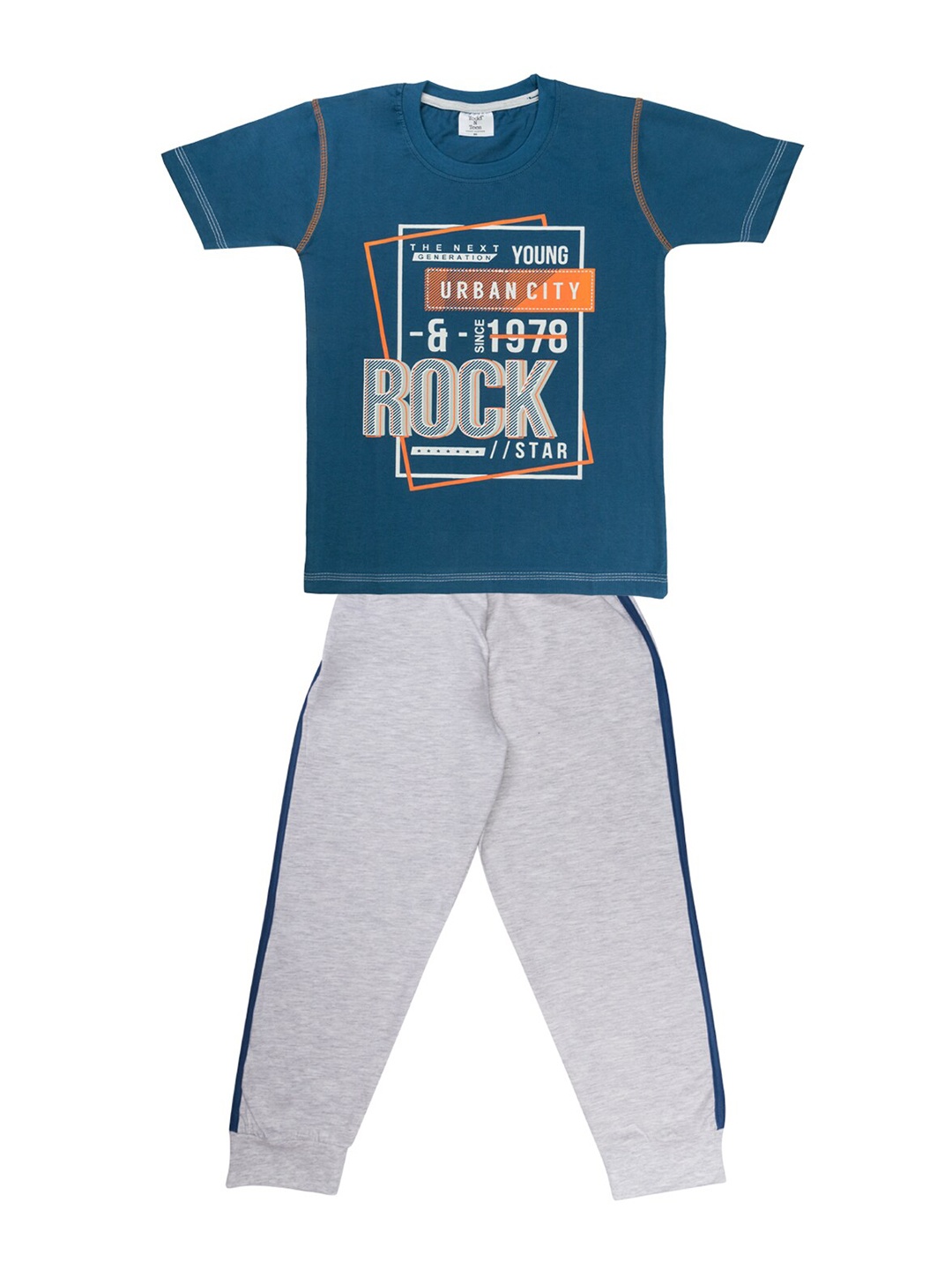 

Todd N Teen Boys Blue & Grey Printed Pure Cotton T-shirt with Trousers