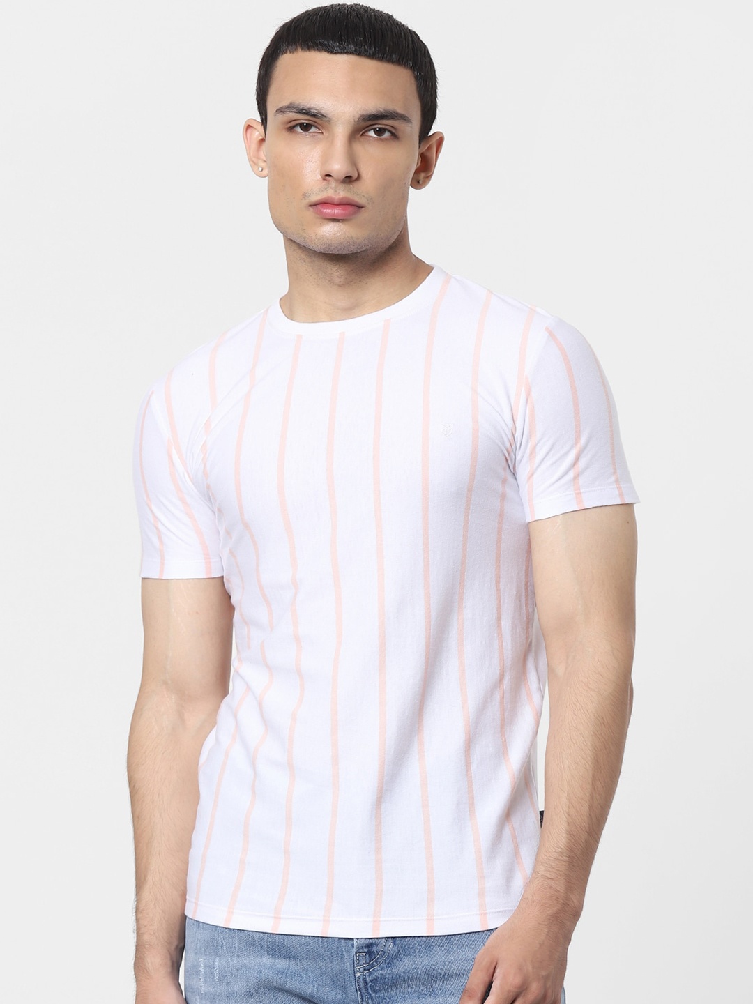 

Jack Jones Men White Peach-Coloured Striped Cotton Pure Cotton T-shirt