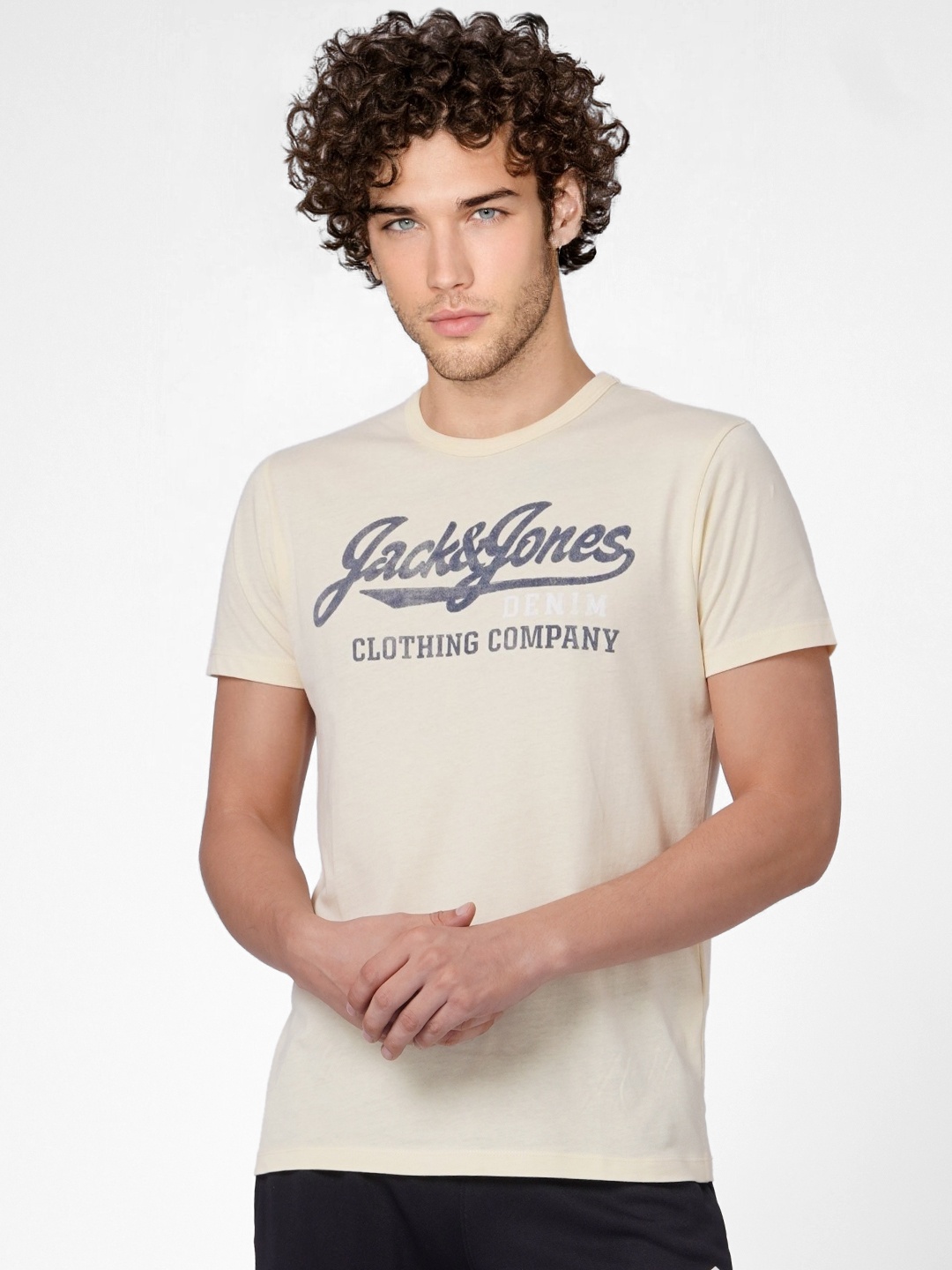 

Jack Jones Men Beige Brand Logo Printed Pure Cotton T-shirt