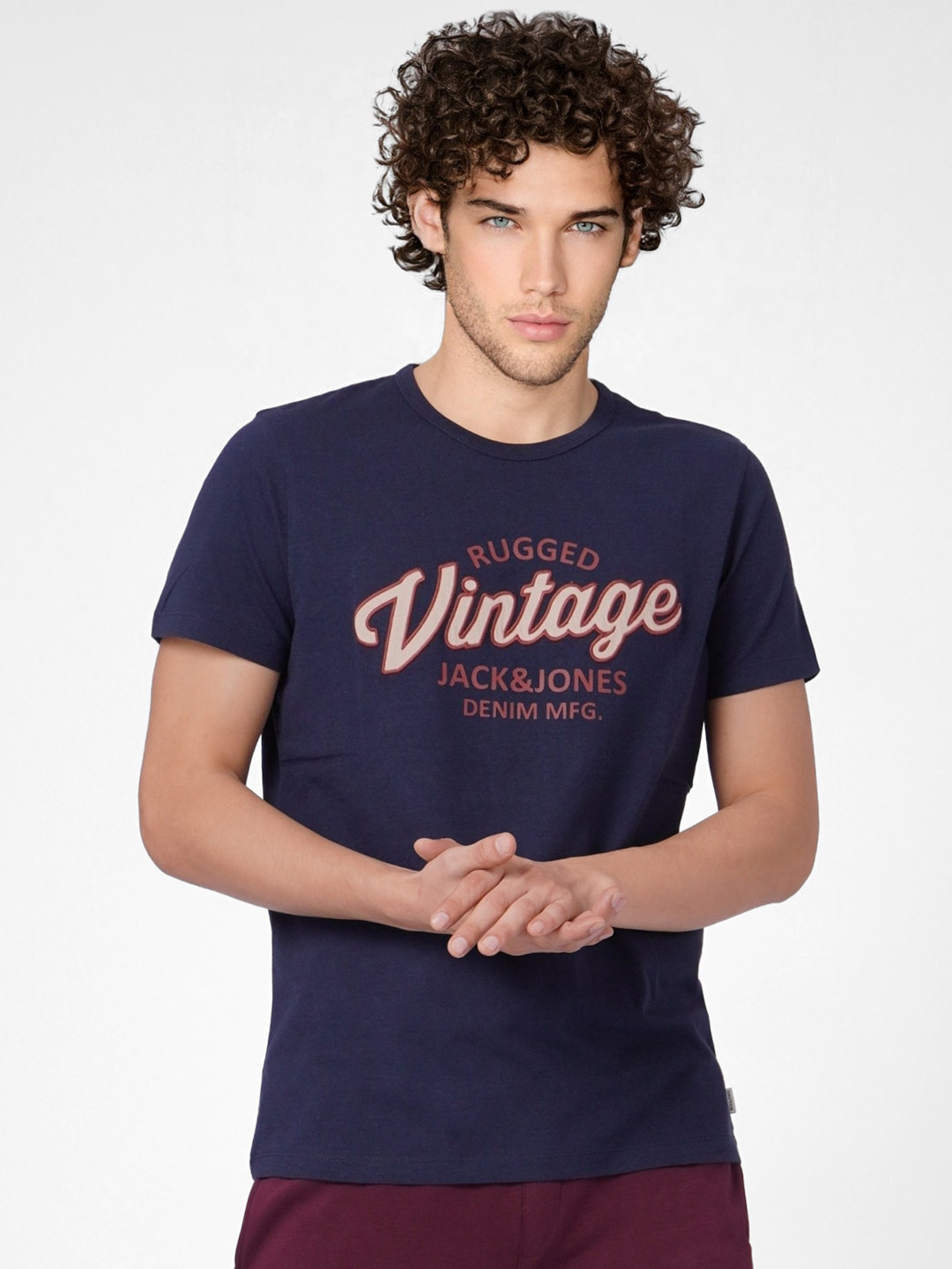 

Jack Jones Men Navy Blue Typography Printed Pure Cotton T-shirt