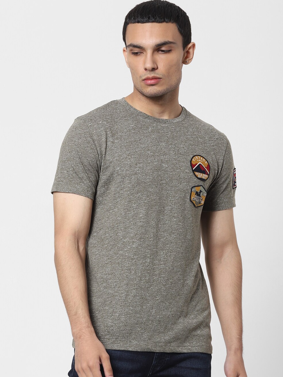 

Jack Jones Men Grey Applique Pure Cotton T-shirt
