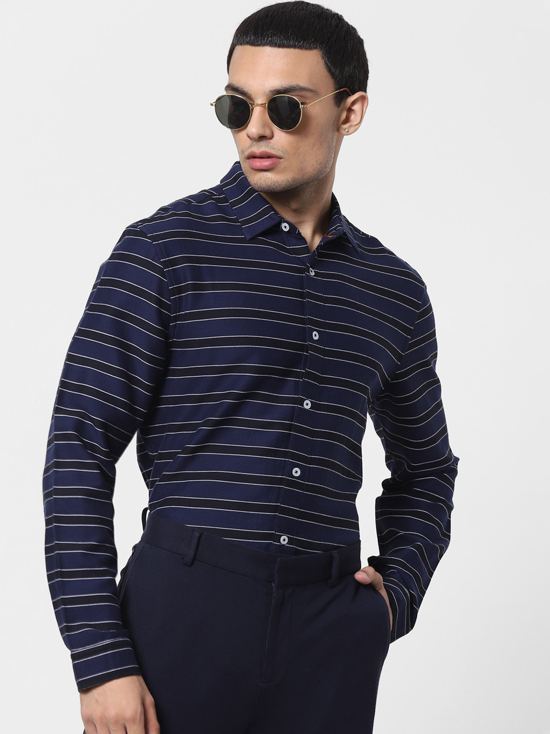 

Jack & Jones Men Navy Blue Slim Fit Horizontal Stripes Opaque Striped Casual Shirt