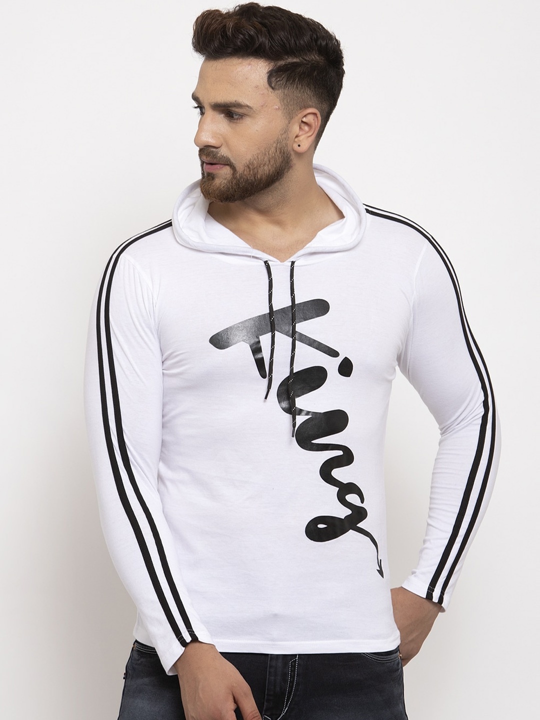 

KATSO Men White & Black Typography Printed Slim Fit Hooded T-shirt