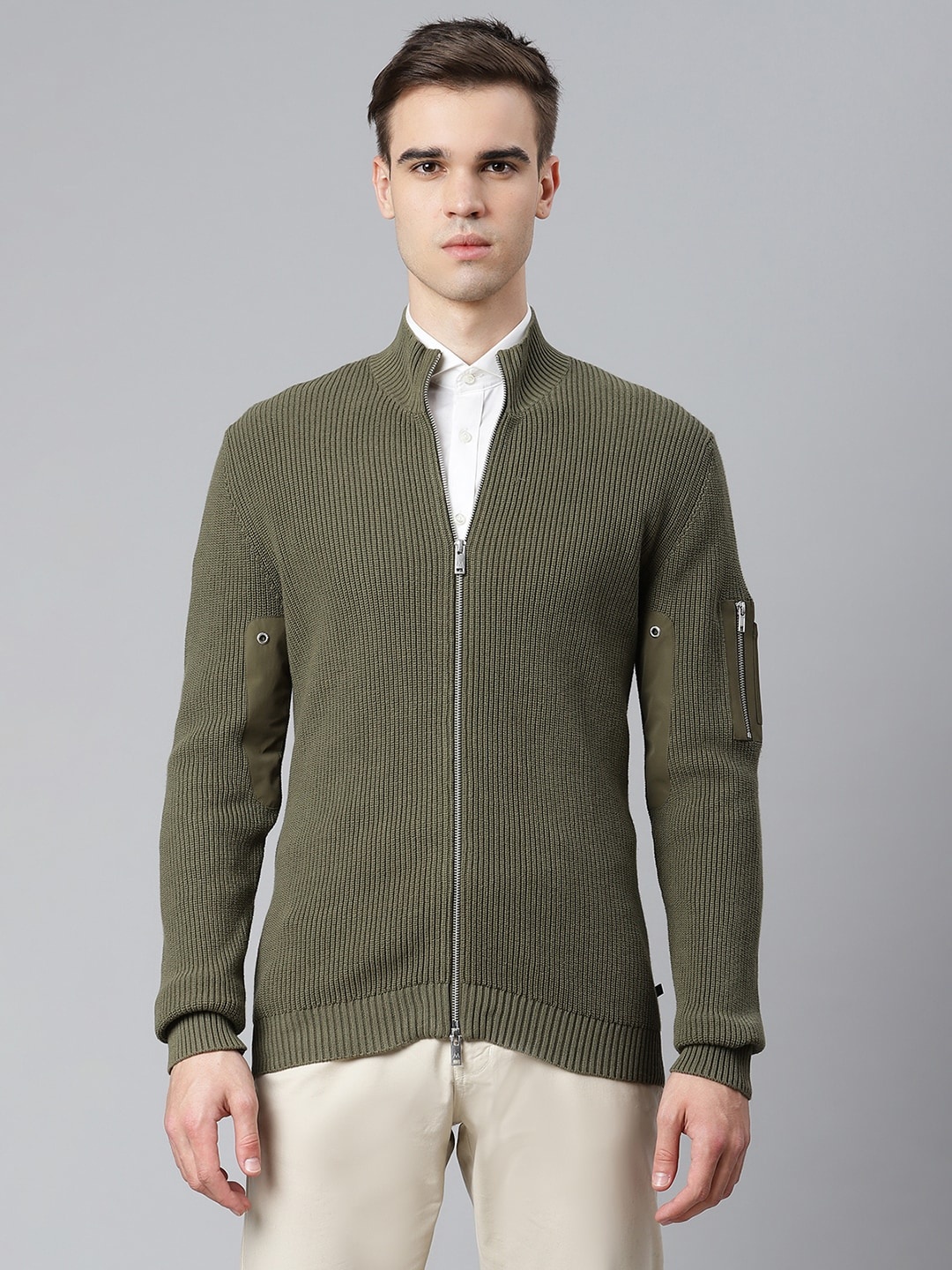 

Matinique Men Olive Green Ribbed Front-Open Sweater