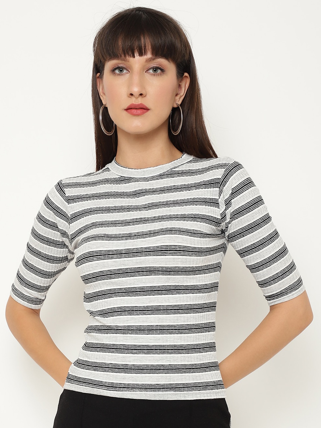 

CHKOKKO Women Grey & White Striped Fitted Top