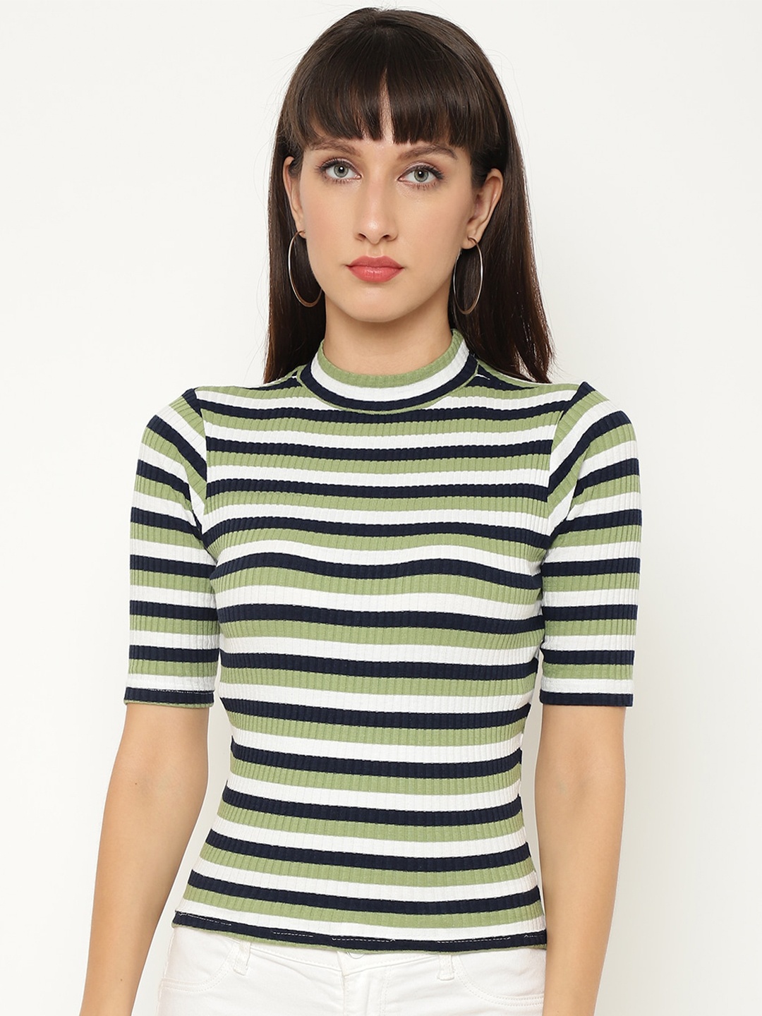 

CHKOKKO Women Olive Green & White Striped Fitted Top