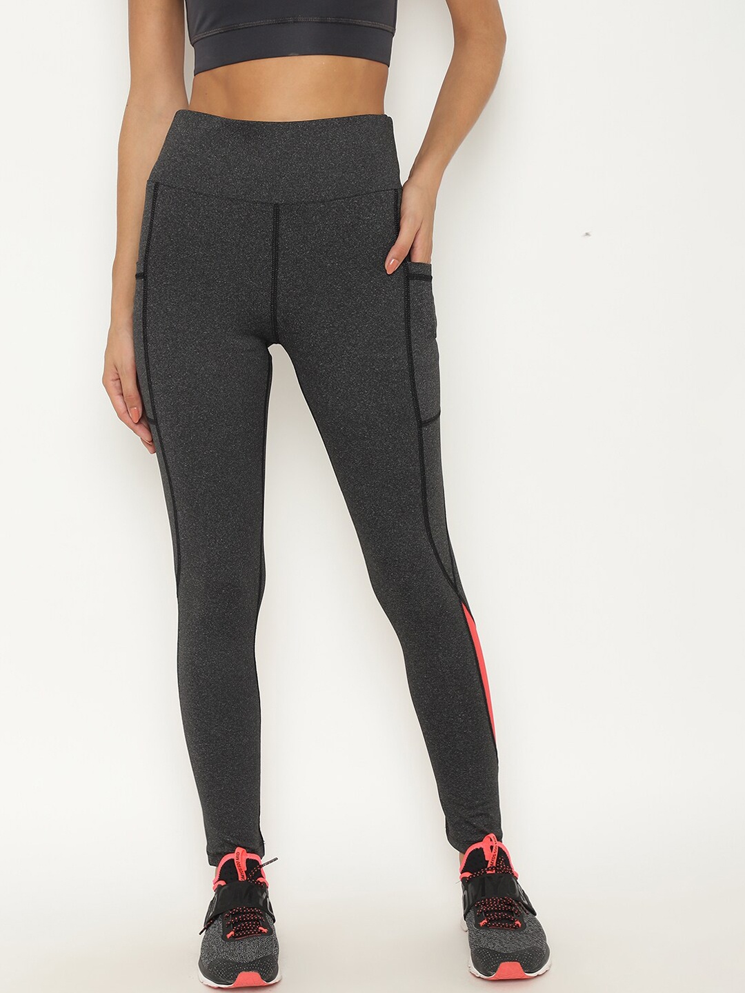 

CHKOKKO Women Grey & Red Yoga Stretchable Gym Tights, Grey melange