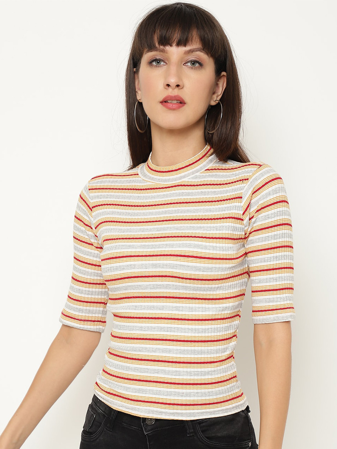 

CHKOKKO Women Yellow & Grey Striped Fitted Top