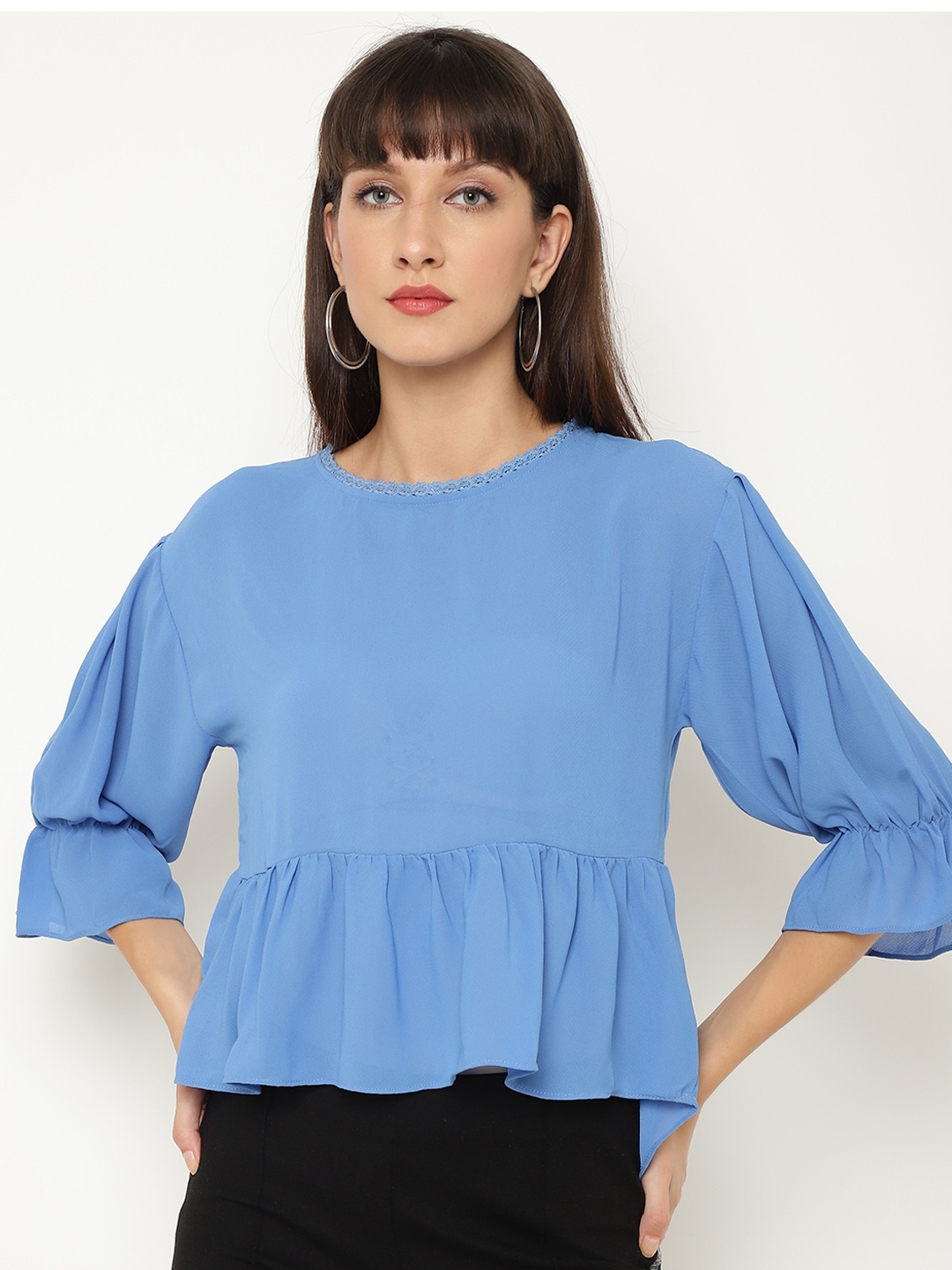 

CHKOKKO Women Blue Peplum Top