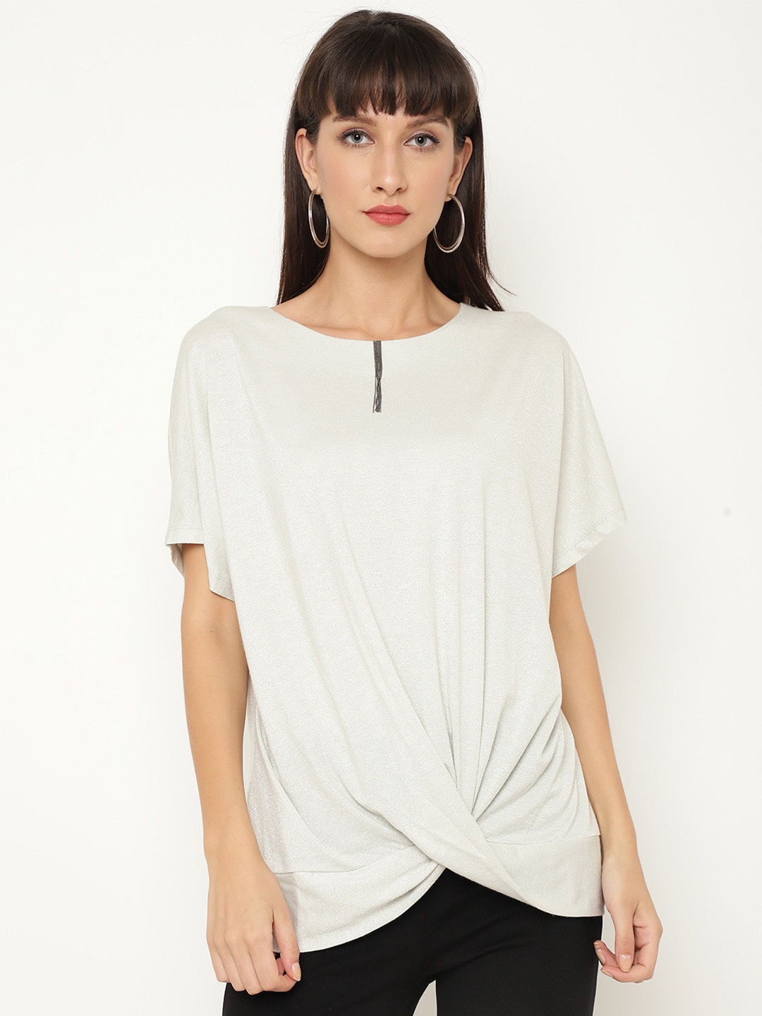 

CHKOKKO Women Off White Extended Sleeves Regular Top